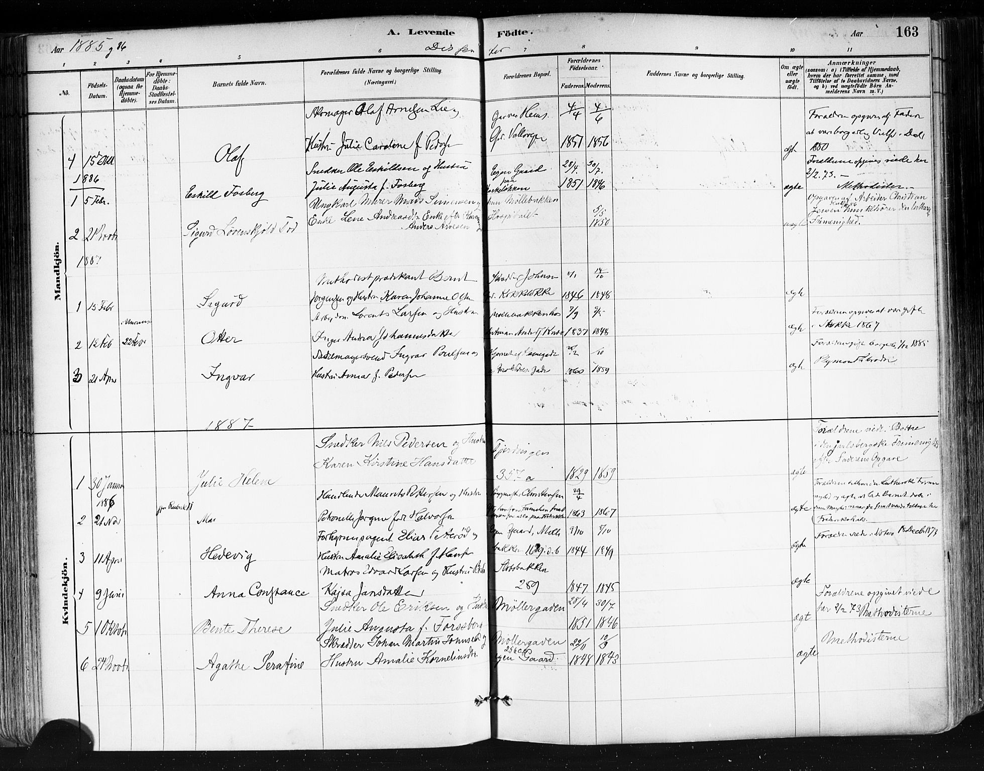 Tønsberg kirkebøker, AV/SAKO-A-330/F/Fa/L0011: Parish register (official) no. I 11, 1881-1890, p. 163