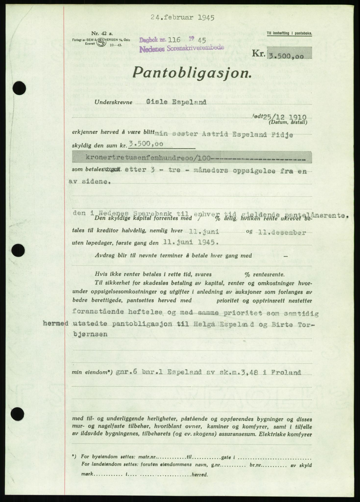 Nedenes sorenskriveri, AV/SAK-1221-0006/G/Gb/Gbb/L0002: Mortgage book no. II, 1942-1945, Diary no: : 116/1945