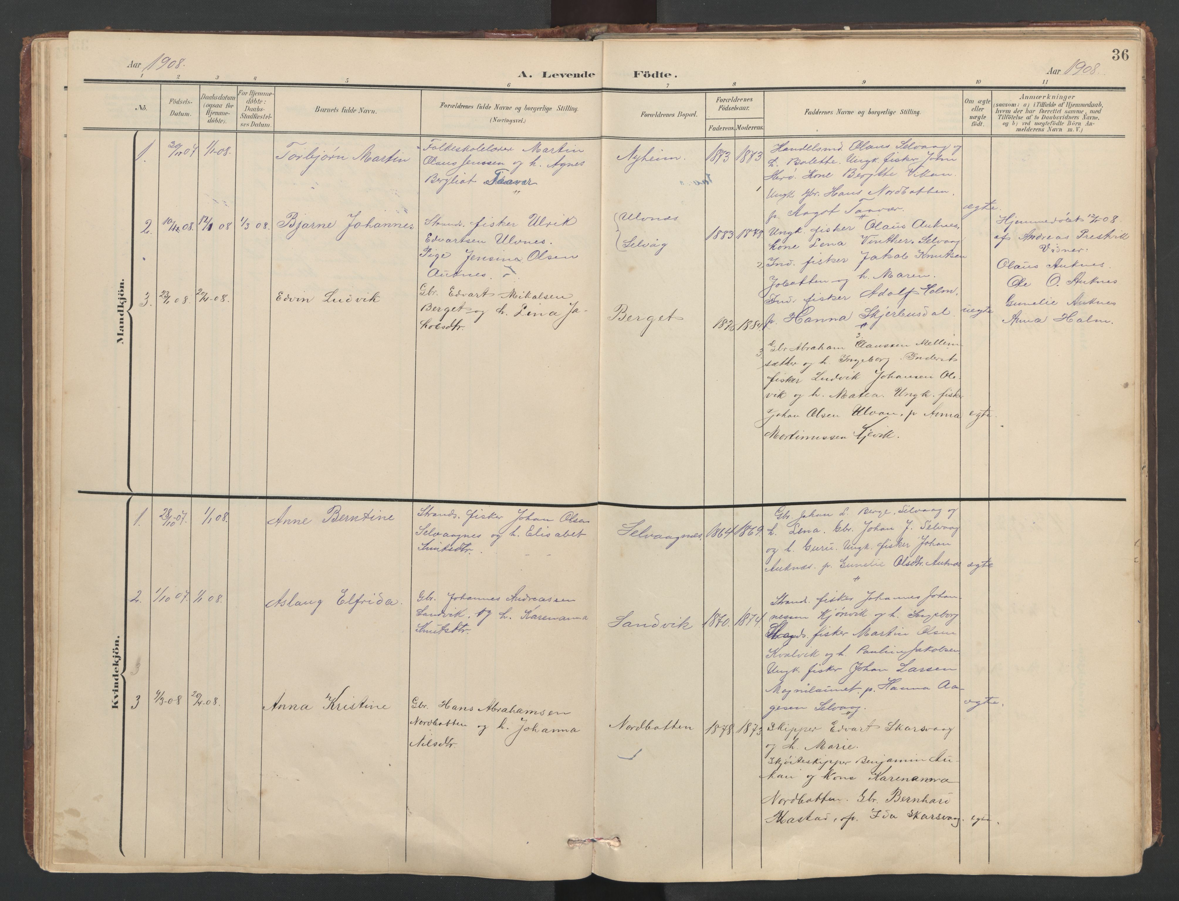 Ministerialprotokoller, klokkerbøker og fødselsregistre - Sør-Trøndelag, SAT/A-1456/638/L0571: Parish register (copy) no. 638C03, 1901-1930, p. 36