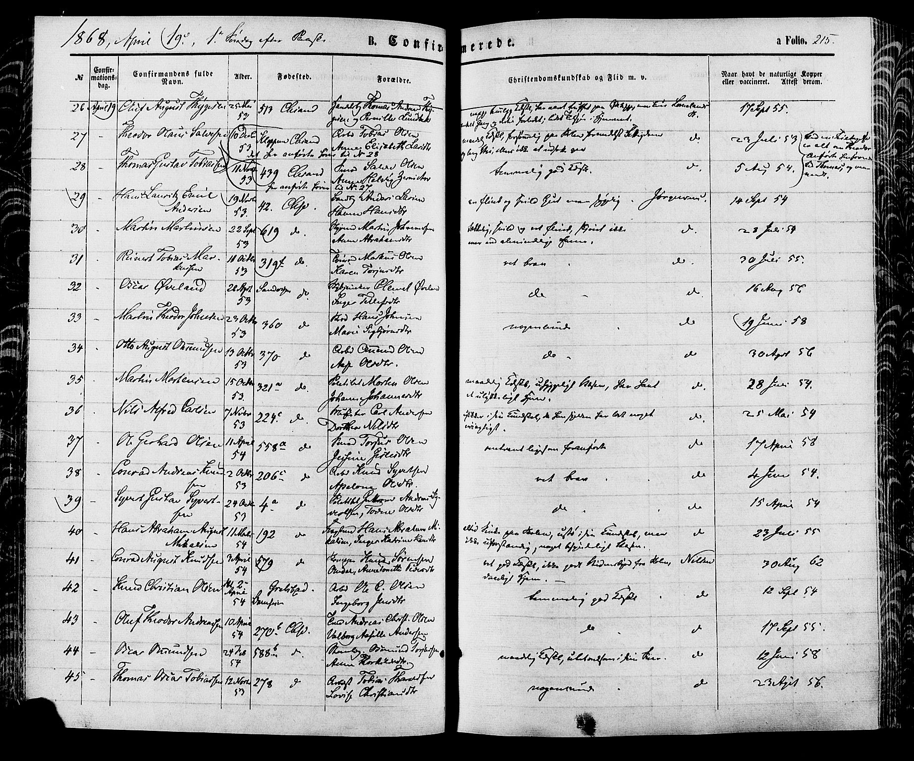 Kristiansand domprosti, AV/SAK-1112-0006/F/Fa/L0015: Parish register (official) no. A 15, 1867-1880, p. 215
