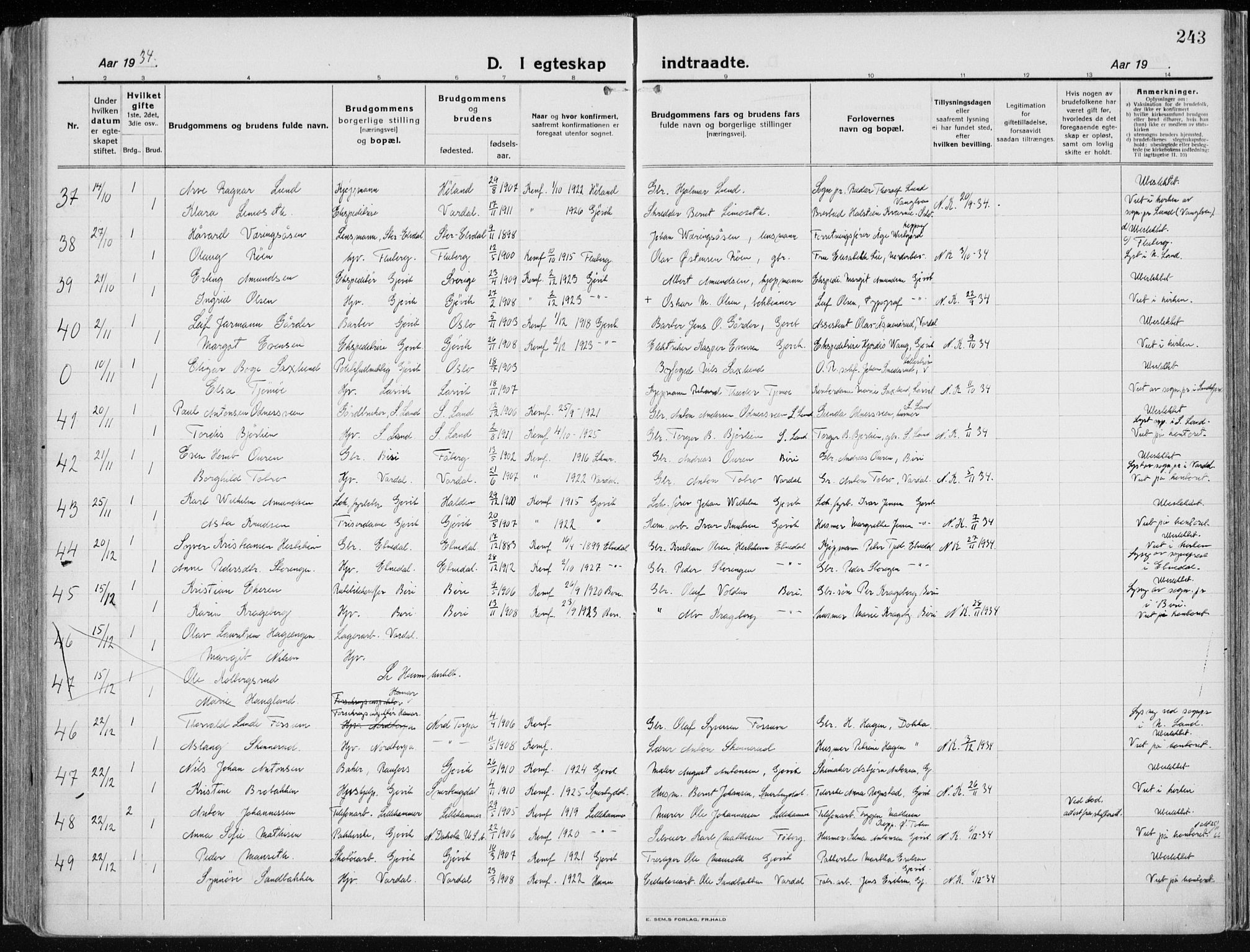 Vardal prestekontor, SAH/PREST-100/H/Ha/Haa/L0015: Parish register (official) no. 15, 1923-1937, p. 243