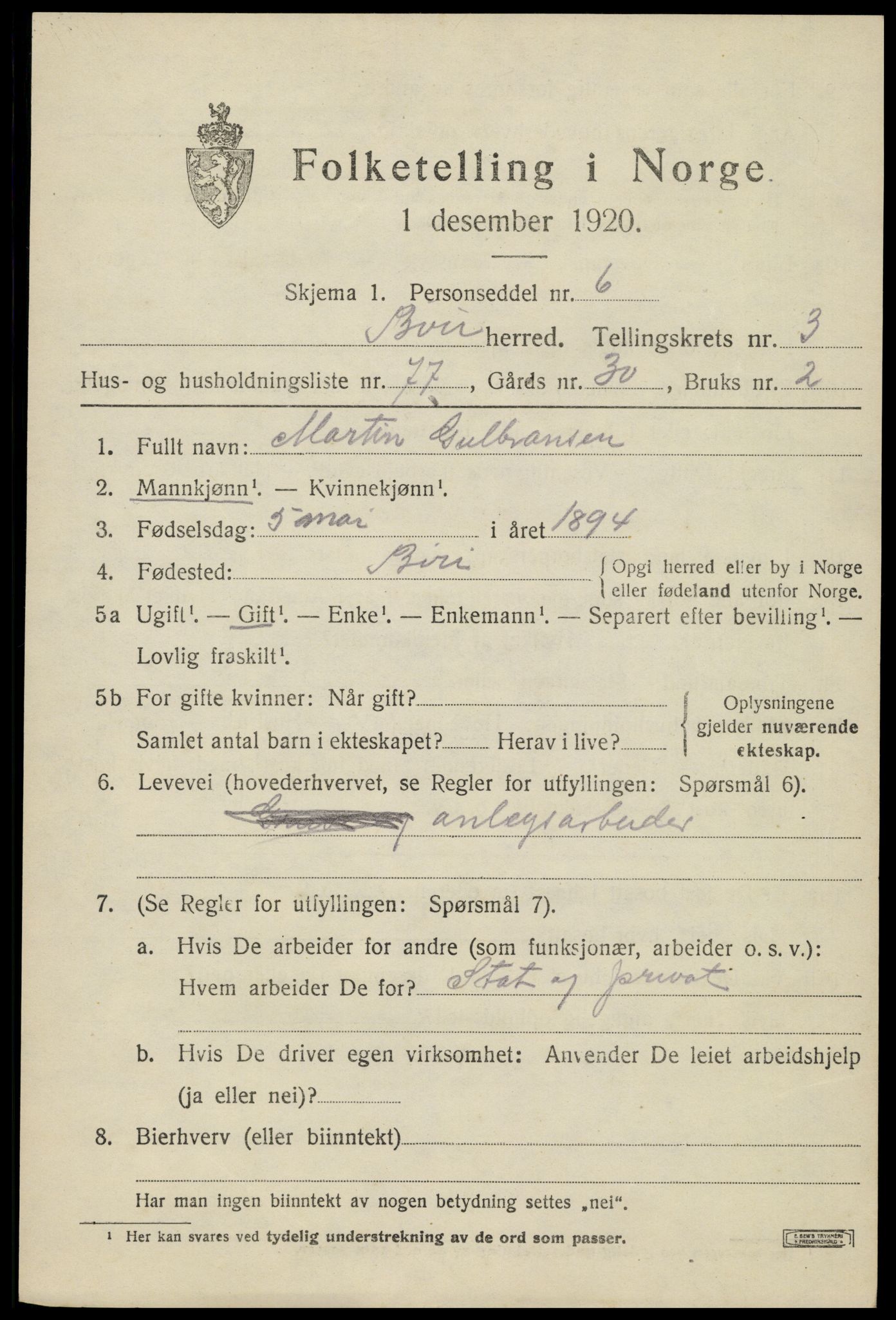 SAH, 1920 census for Biri, 1920, p. 3191