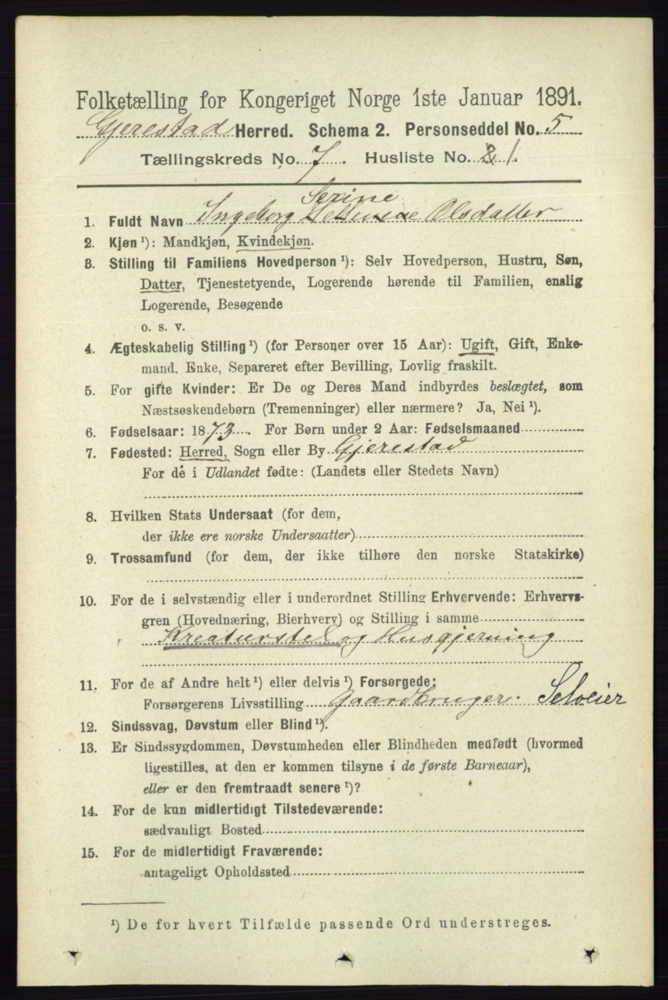 RA, 1891 census for 0911 Gjerstad, 1891, p. 2733