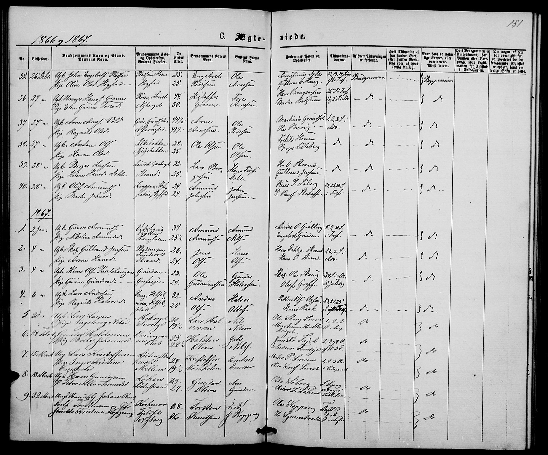 Elverum prestekontor, SAH/PREST-044/H/Ha/Hab/L0004: Parish register (copy) no. 4, 1866-1874, p. 151