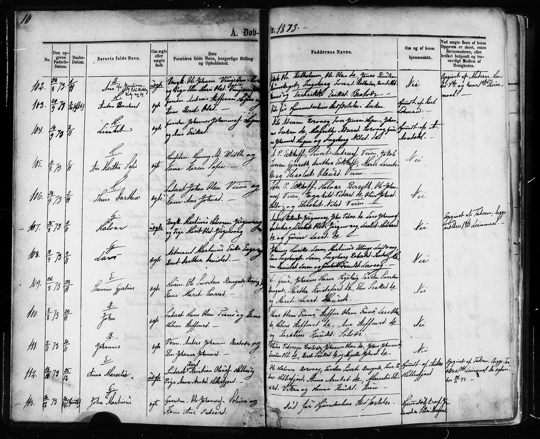 Ministerialprotokoller, klokkerbøker og fødselsregistre - Møre og Romsdal, AV/SAT-A-1454/581/L0938: Parish register (official) no. 581A06, 1873-1879, p. 10