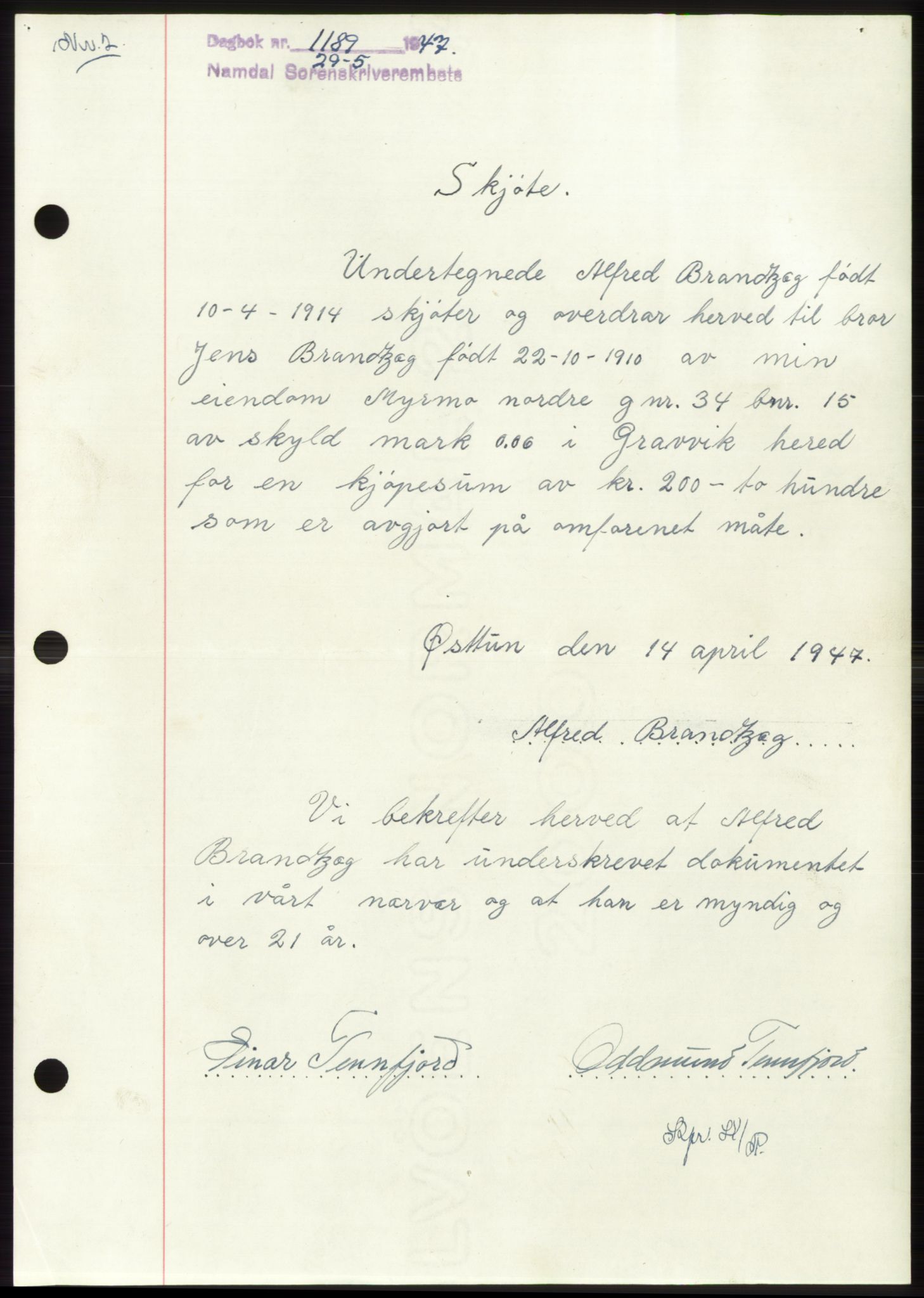 Namdal sorenskriveri, AV/SAT-A-4133/1/2/2C: Mortgage book no. -, 1947-1947, Diary no: : 1189/1947