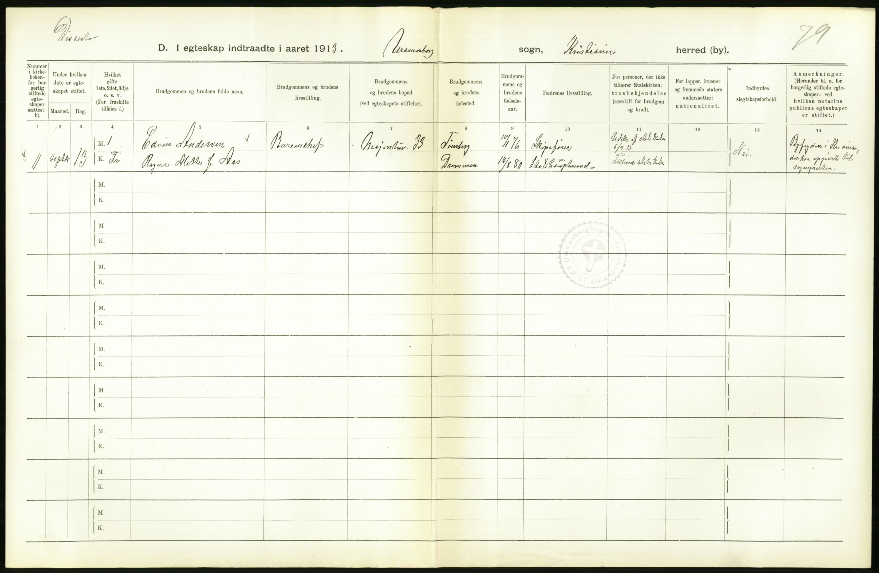 Statistisk sentralbyrå, Sosiodemografiske emner, Befolkning, RA/S-2228/D/Df/Dfb/Dfbc/L0008: Kristiania: Gifte., 1913, p. 582