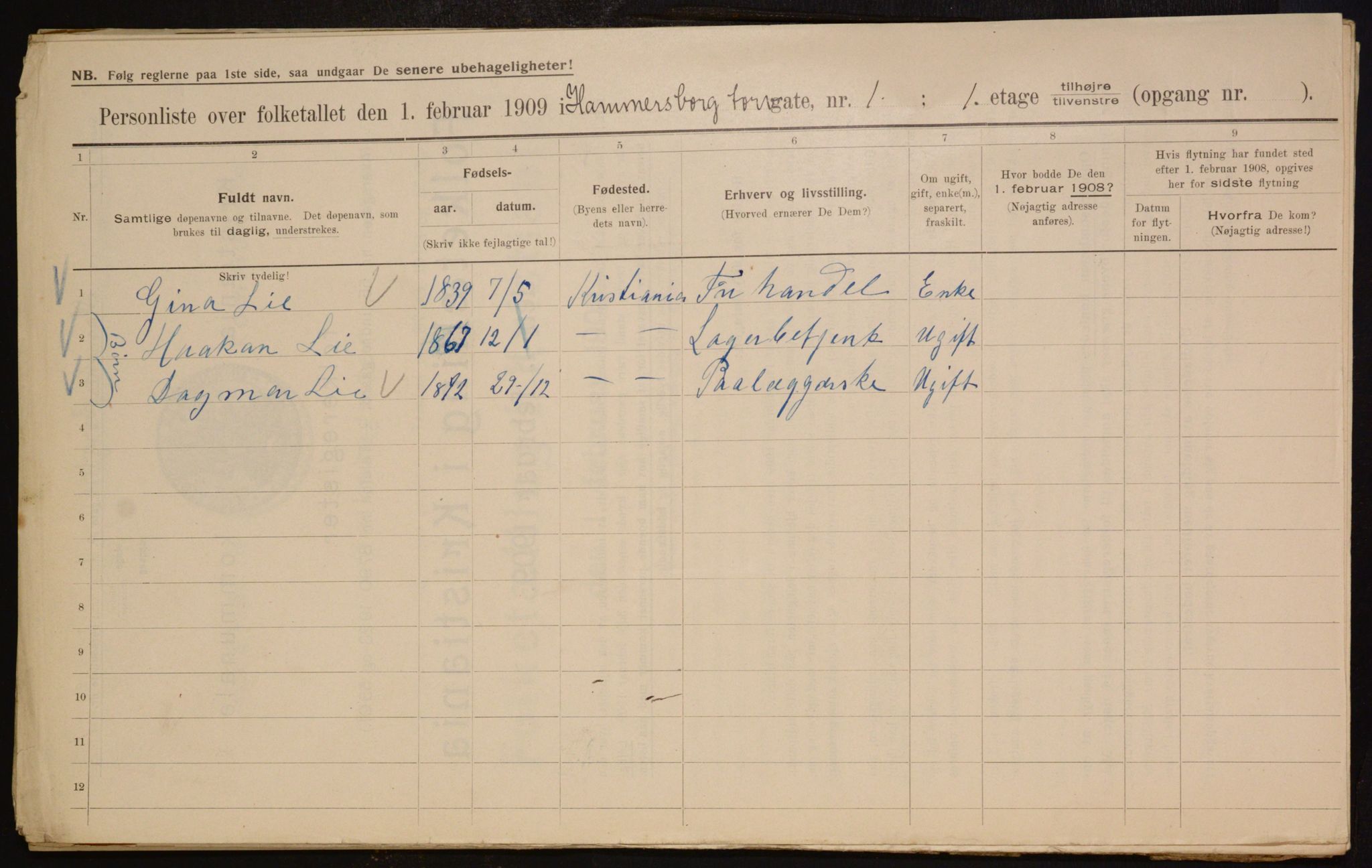 OBA, Municipal Census 1909 for Kristiania, 1909, p. 31153