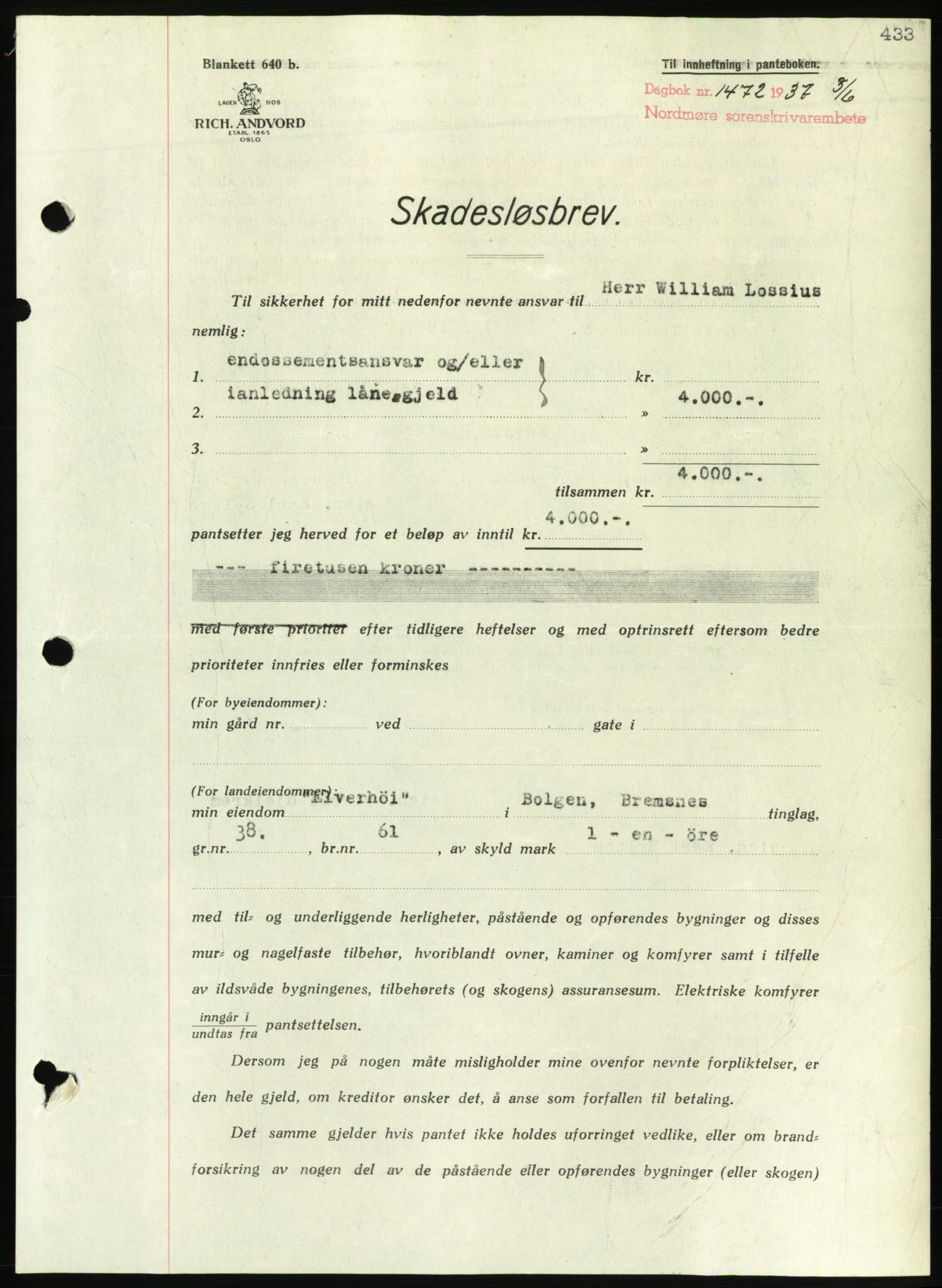 Nordmøre sorenskriveri, AV/SAT-A-4132/1/2/2Ca/L0091: Mortgage book no. B81, 1937-1937, Diary no: : 1472/1937