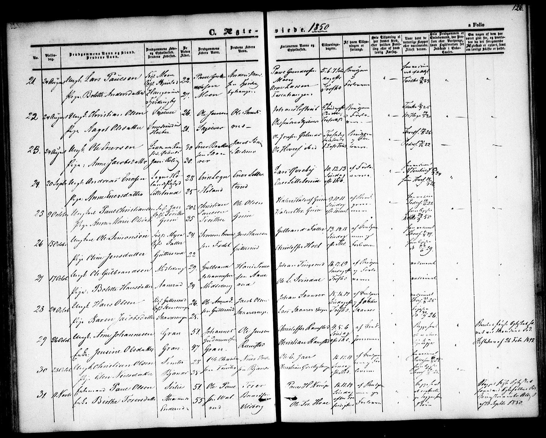 Fet prestekontor Kirkebøker, SAO/A-10370a/F/Fa/L0010: Parish register (official) no. I 10, 1847-1859, p. 126