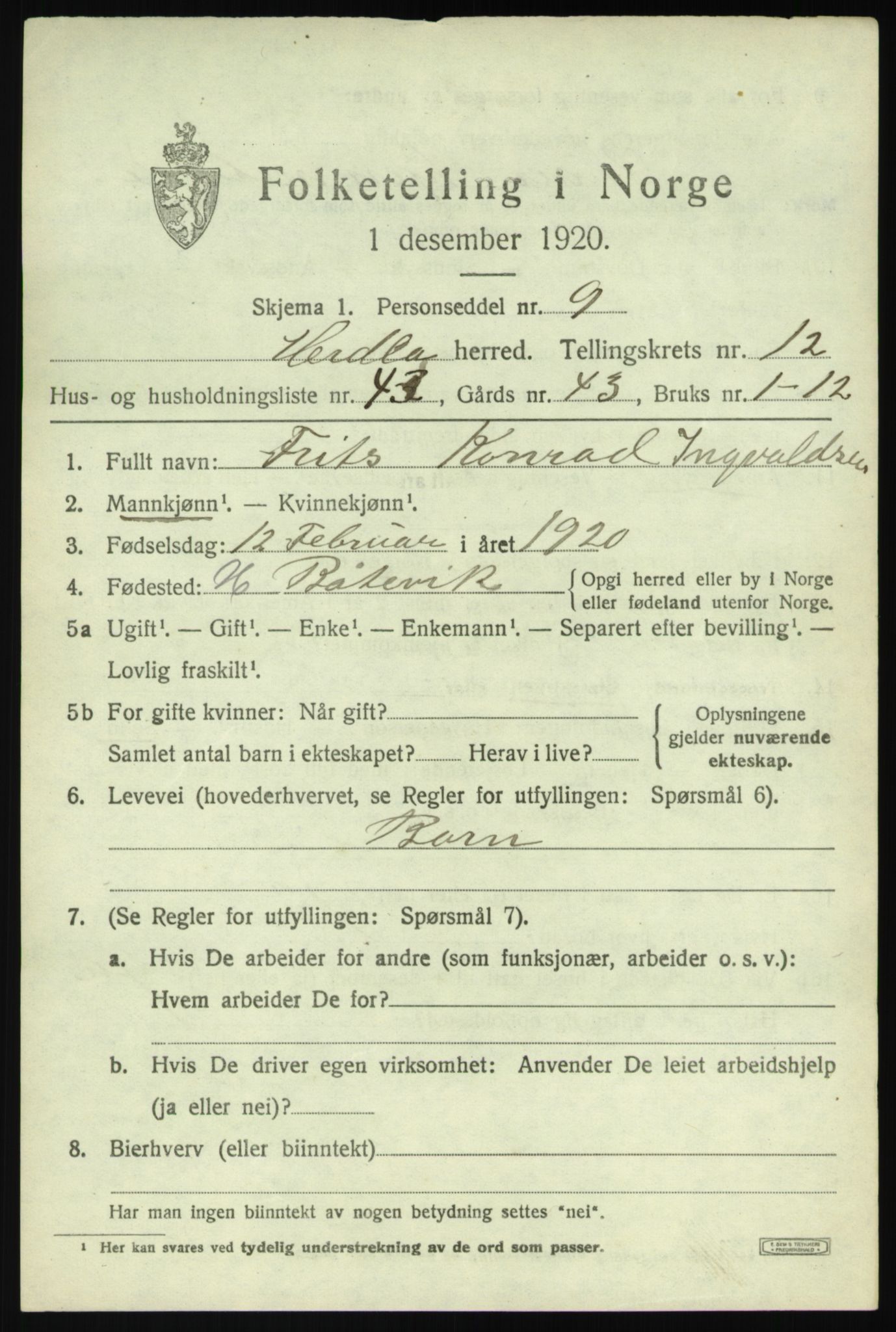 SAB, 1920 census for Herdla, 1920, p. 8953