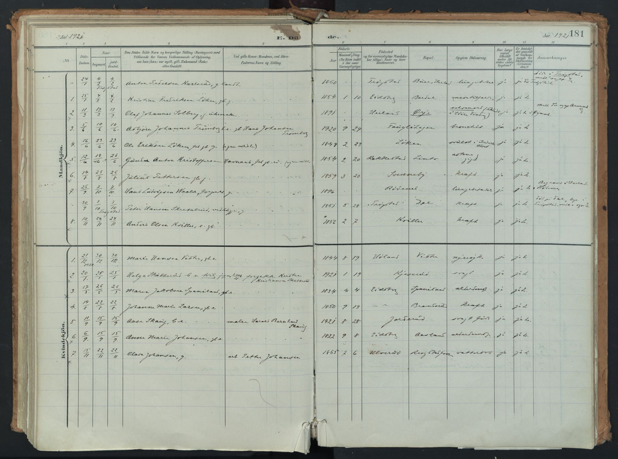 Eidsberg prestekontor Kirkebøker, AV/SAO-A-10905/F/Fb/L0002: Parish register (official) no. II 2, 1901-1933, p. 181