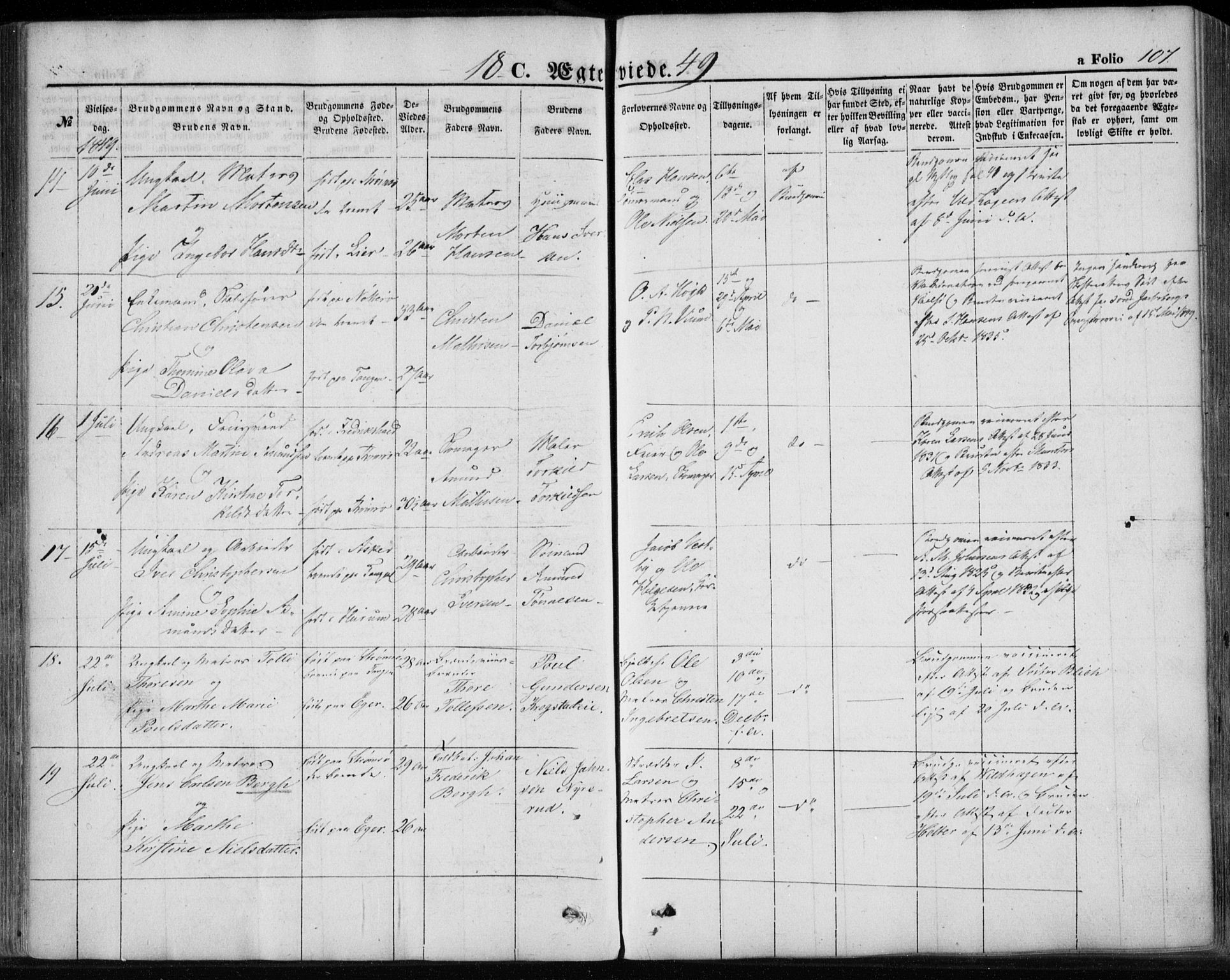 Strømsø kirkebøker, AV/SAKO-A-246/F/Fa/L0017: Parish register (official) no. I 17, 1848-1865, p. 107