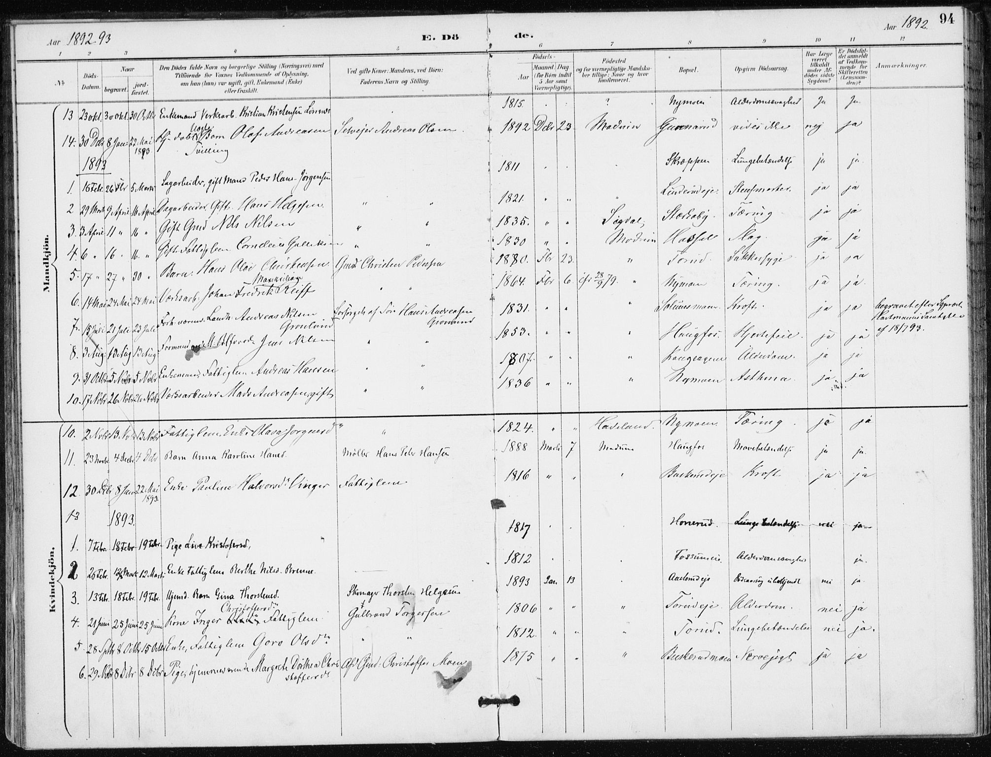 Modum kirkebøker, AV/SAKO-A-234/F/Fa/L0016: Parish register (official) no. 16, 1890-1899, p. 94