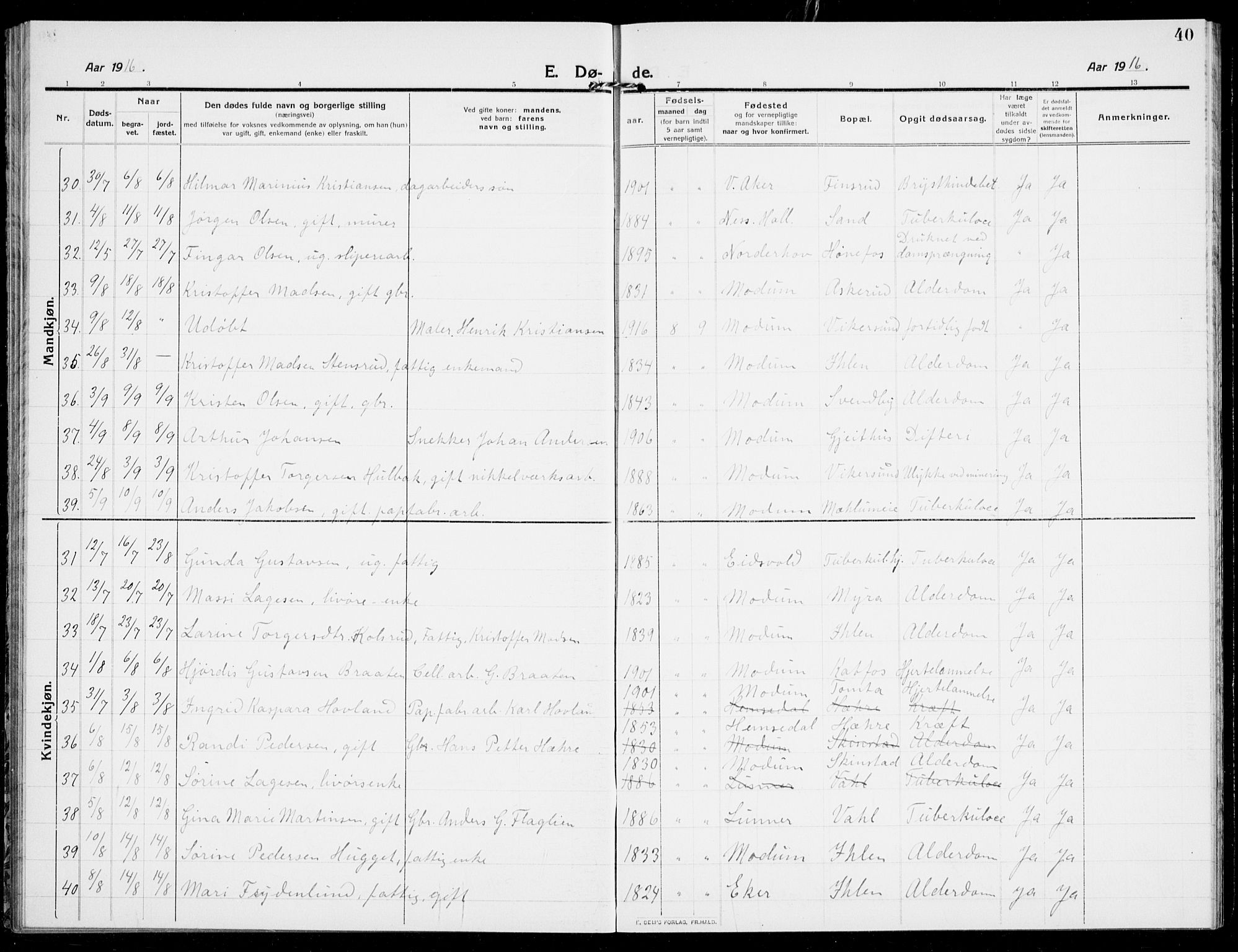 Modum kirkebøker, AV/SAKO-A-234/G/Ga/L0011: Parish register (copy) no. I 11, 1910-1925, p. 40