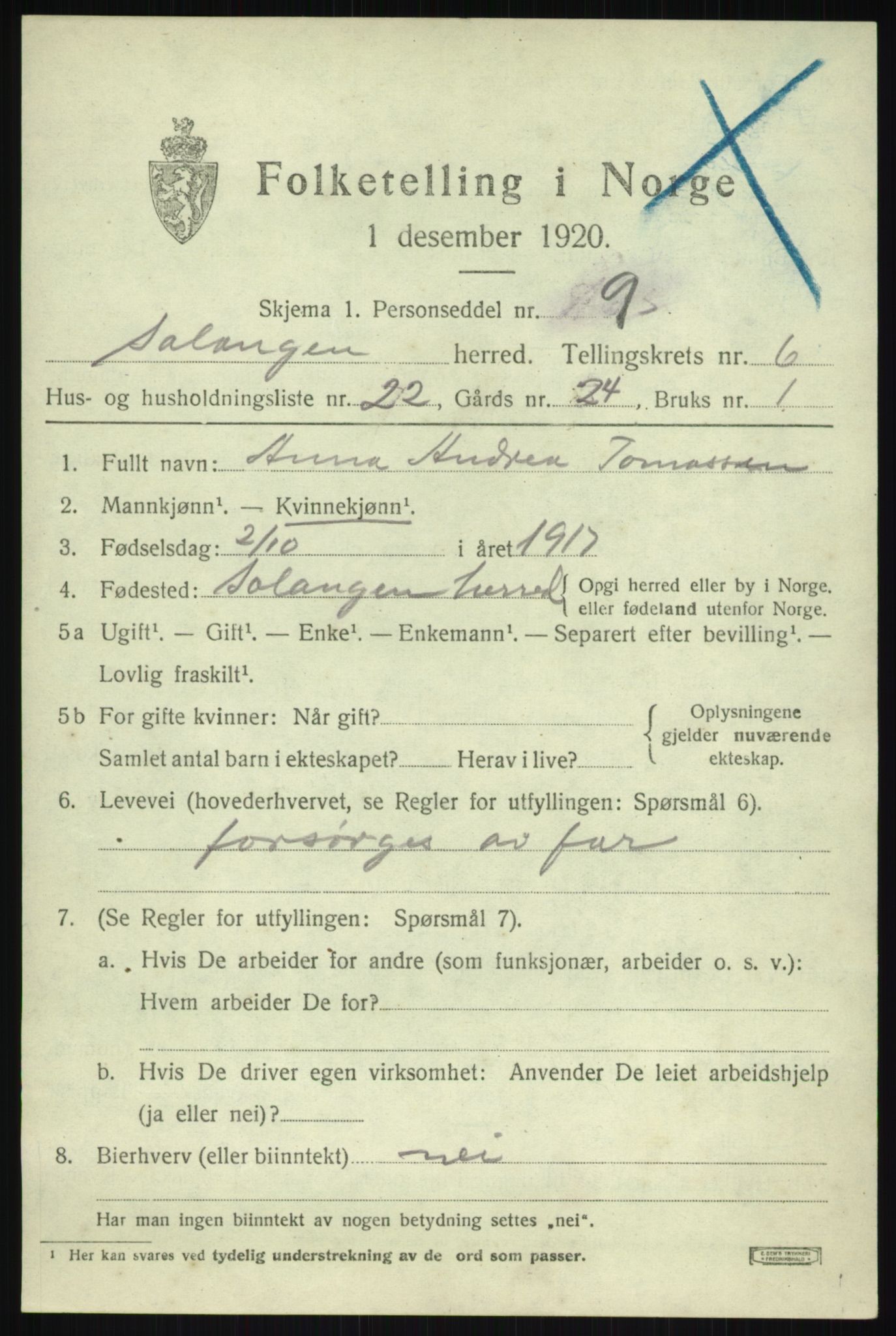 SATØ, 1920 census for Salangen, 1920, p. 4594