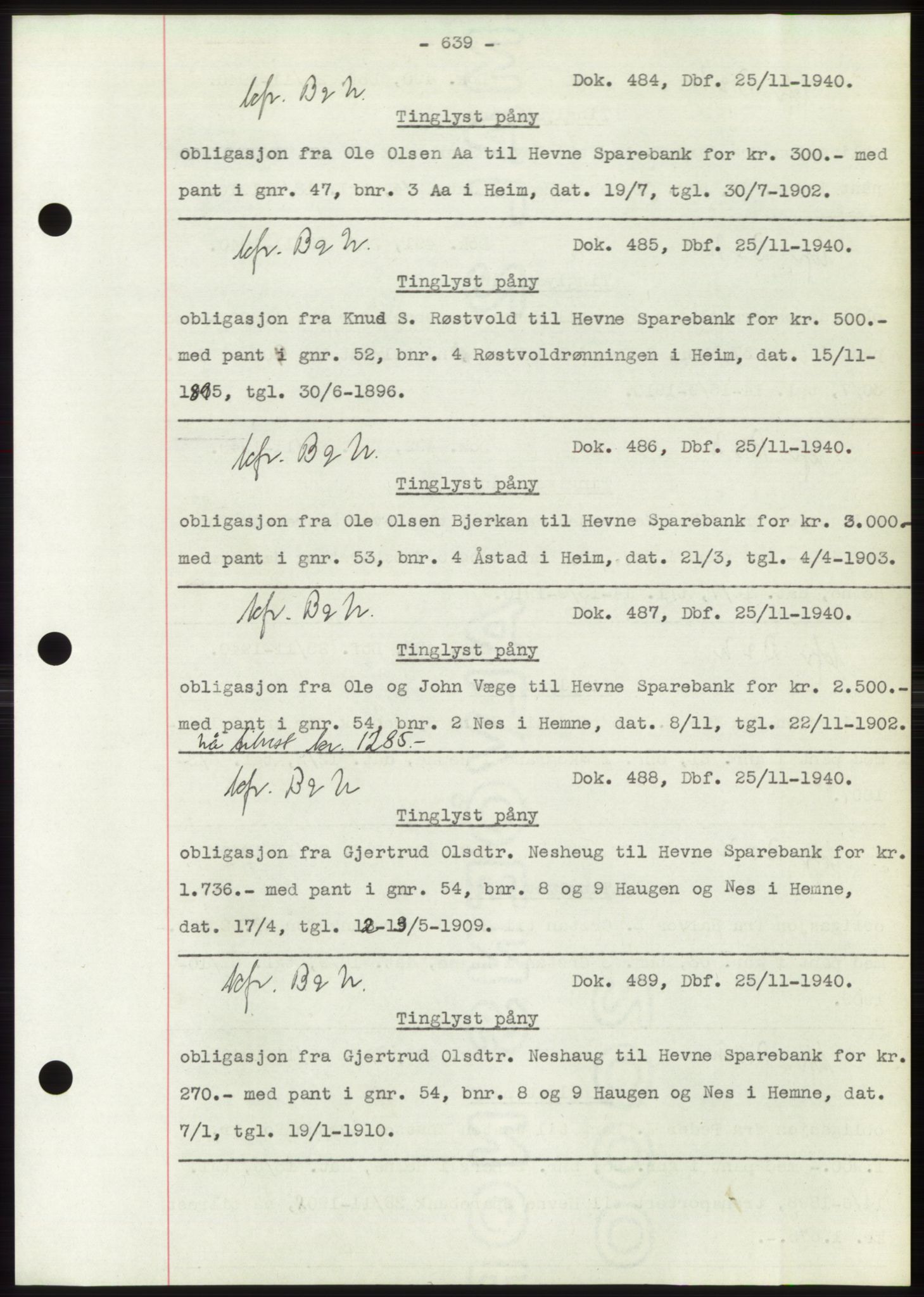 Hitra sorenskriveri, AV/SAT-A-0018/2/2C/2Ca: Mortgage book no. C1, 1936-1945, Diary no: : 484/1940