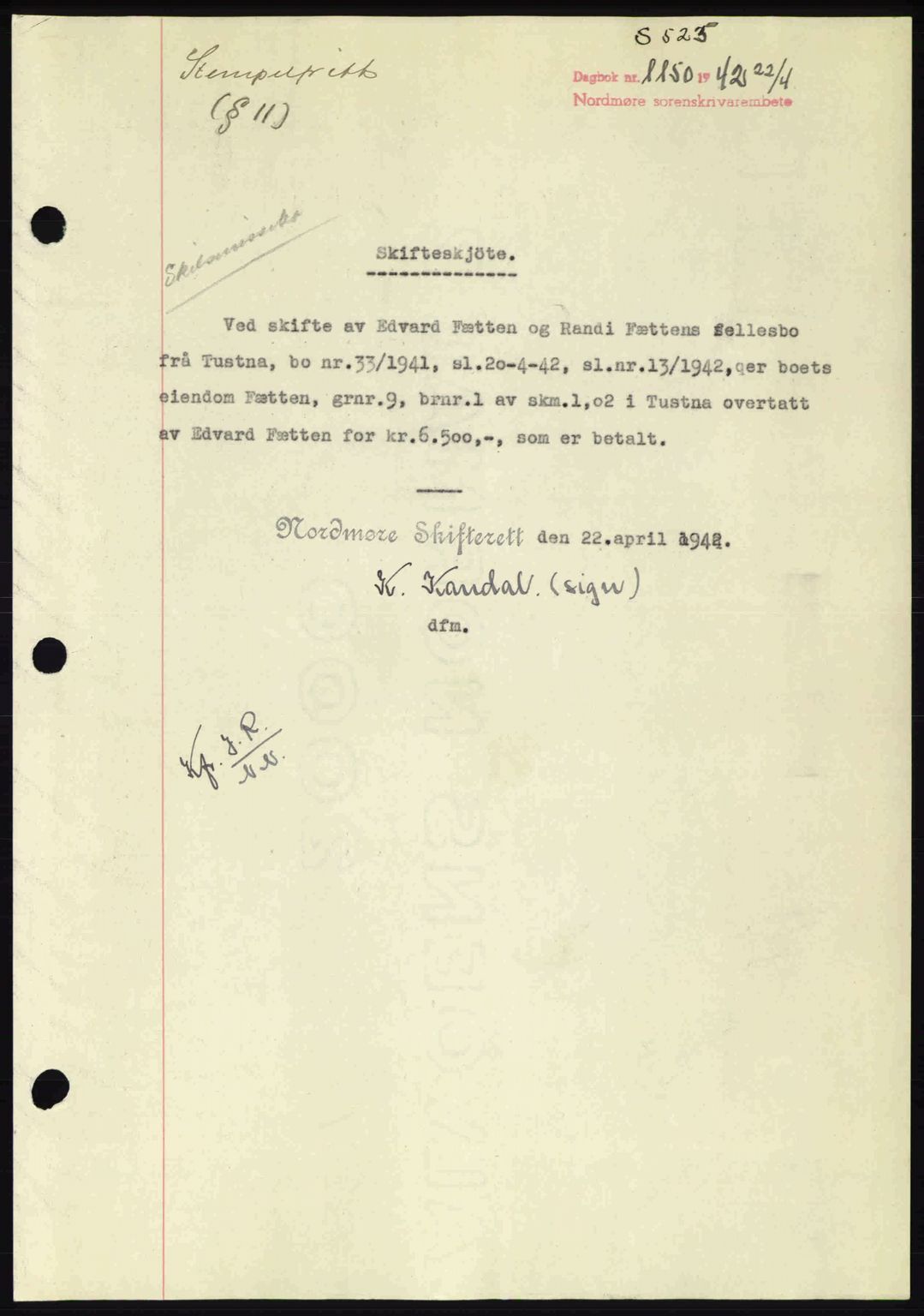 Nordmøre sorenskriveri, AV/SAT-A-4132/1/2/2Ca: Mortgage book no. A92, 1942-1942, Diary no: : 1150/1942