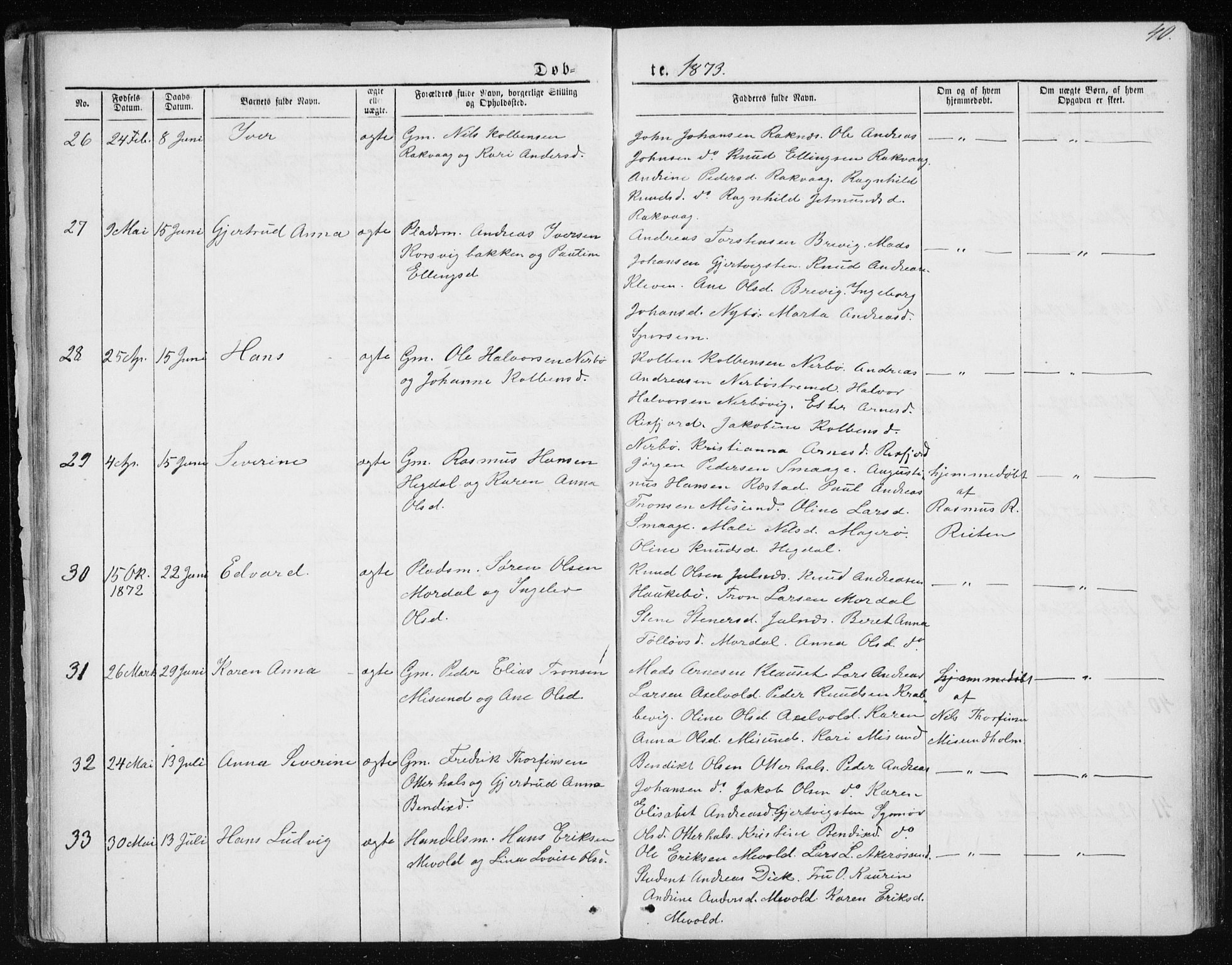 Ministerialprotokoller, klokkerbøker og fødselsregistre - Møre og Romsdal, AV/SAT-A-1454/560/L0724: Parish register (copy) no. 560C01, 1867-1892, p. 40