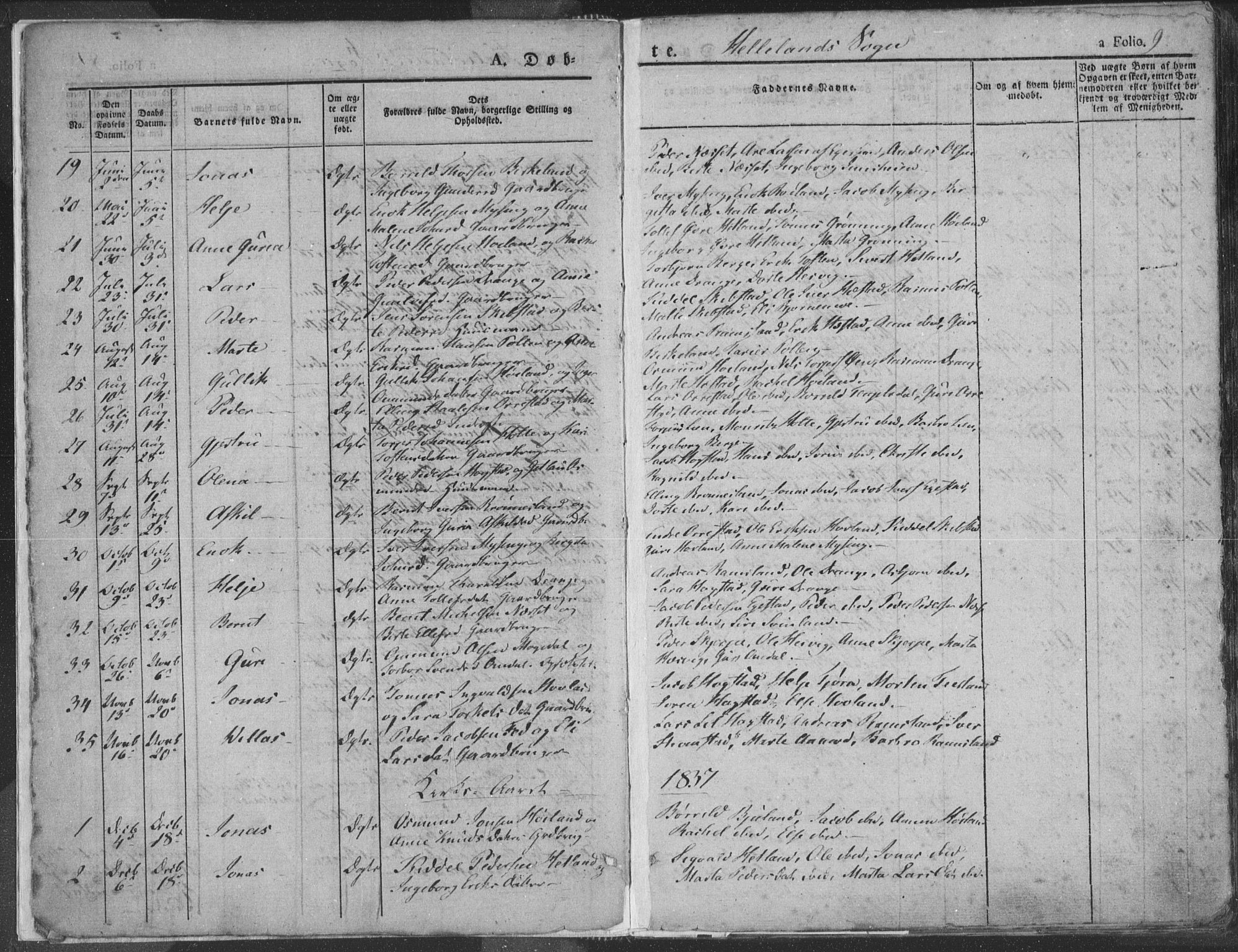 Helleland sokneprestkontor, AV/SAST-A-101810: Parish register (official) no. A 6.1, 1834-1863, p. 9