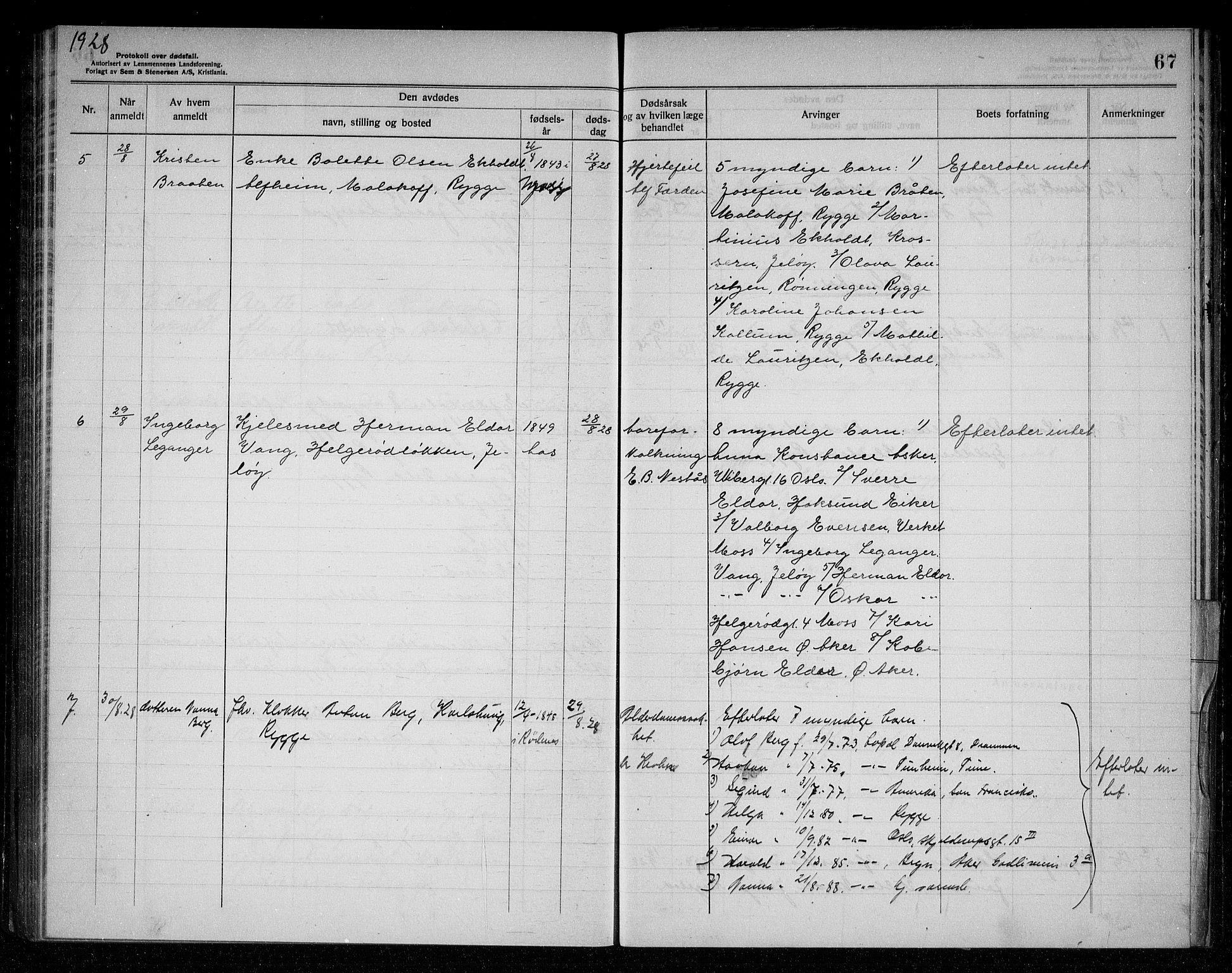 Rygge lensmannskontor, AV/SAO-A-10005/H/Ha/Haa/L0008: Dødsfallsprotokoll, 1925-1929, p. 67