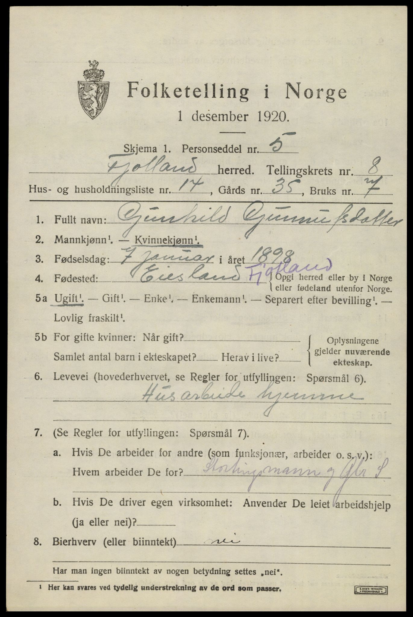 SAK, 1920 census for Fjotland, 1920, p. 2150