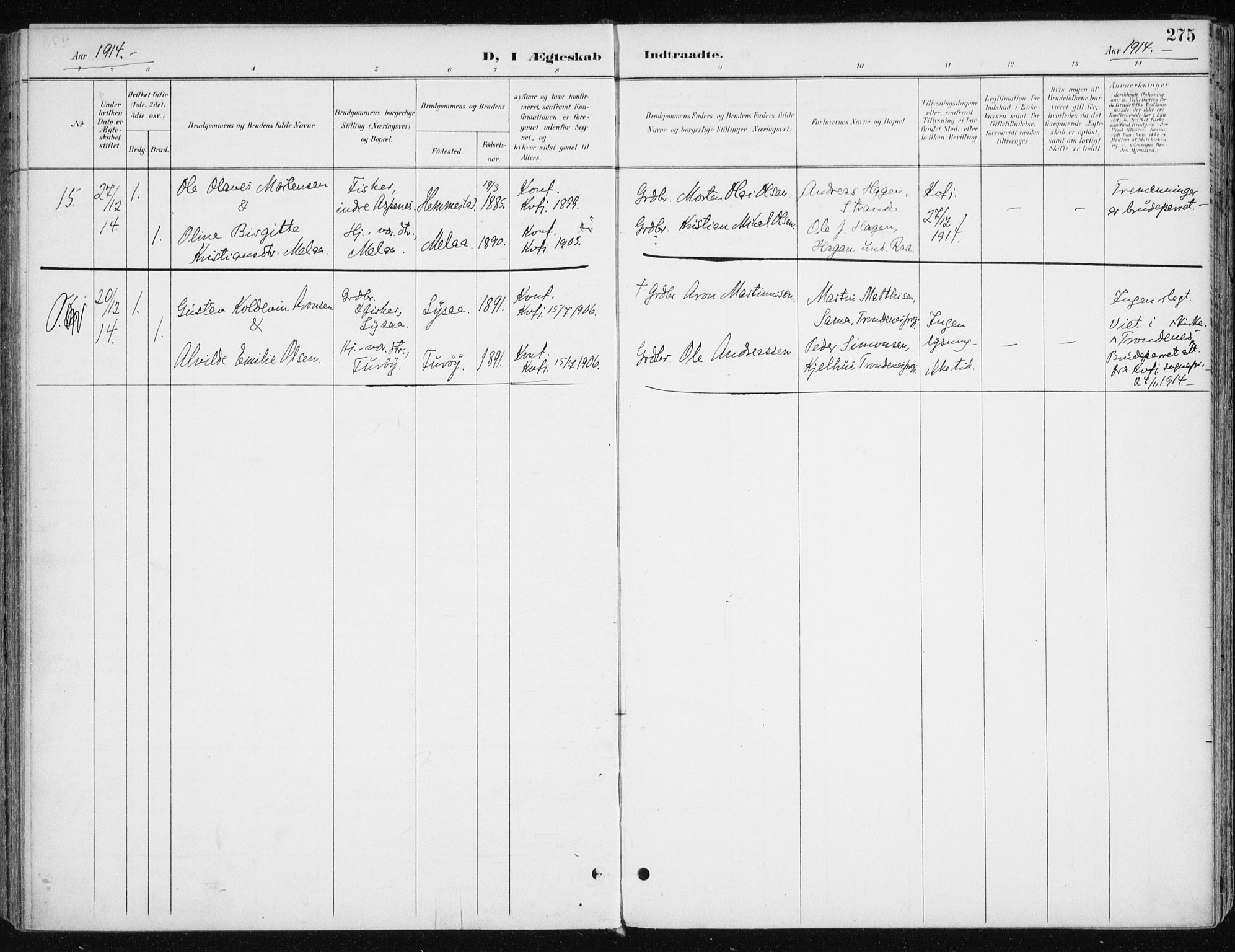 Kvæfjord sokneprestkontor, AV/SATØ-S-1323/G/Ga/Gaa/L0006kirke: Parish register (official) no. 6, 1895-1914, p. 275