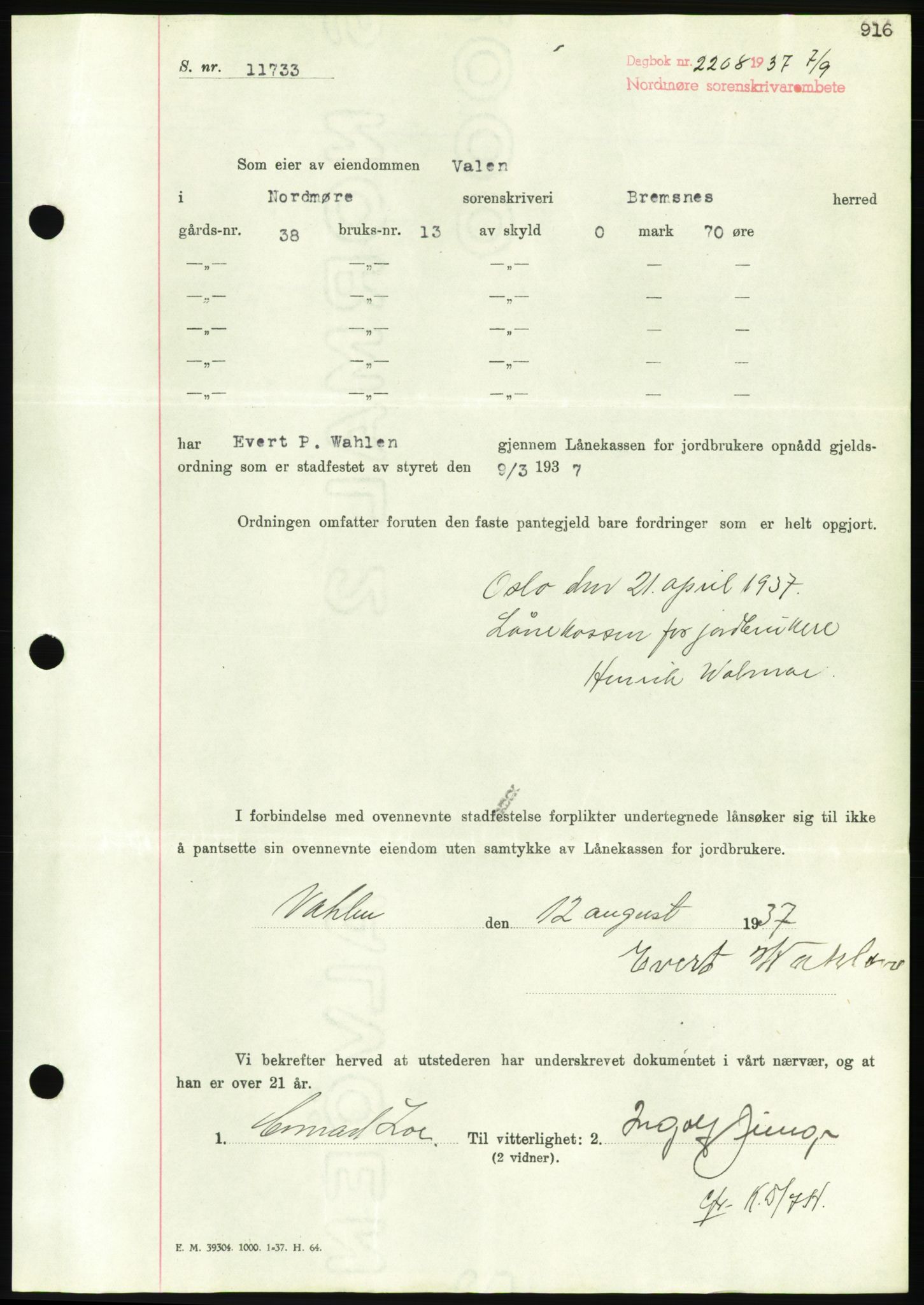 Nordmøre sorenskriveri, AV/SAT-A-4132/1/2/2Ca/L0091: Mortgage book no. B81, 1937-1937, Diary no: : 2208/1937