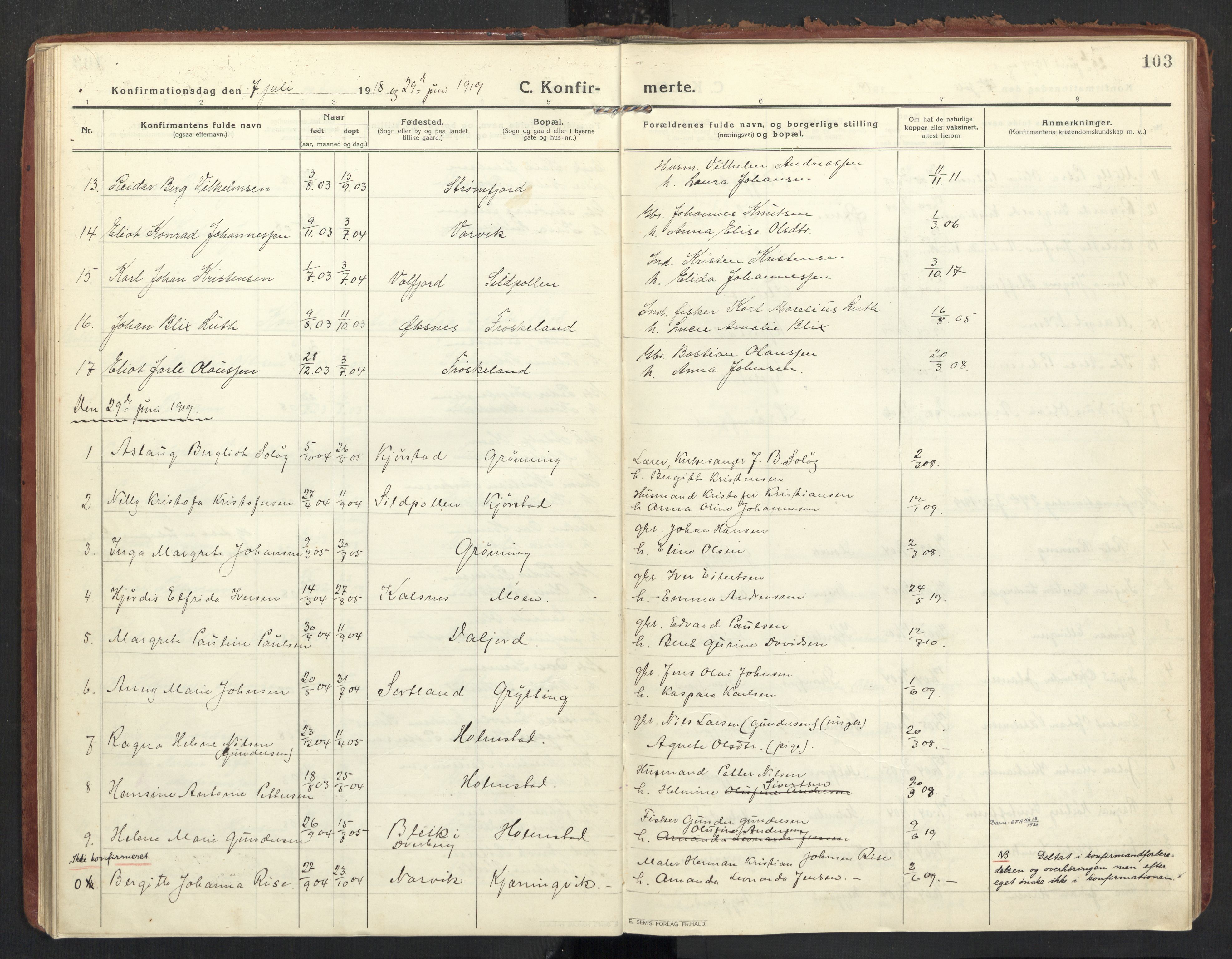 Ministerialprotokoller, klokkerbøker og fødselsregistre - Nordland, SAT/A-1459/890/L1288: Parish register (official) no. 890A03, 1915-1925, p. 103