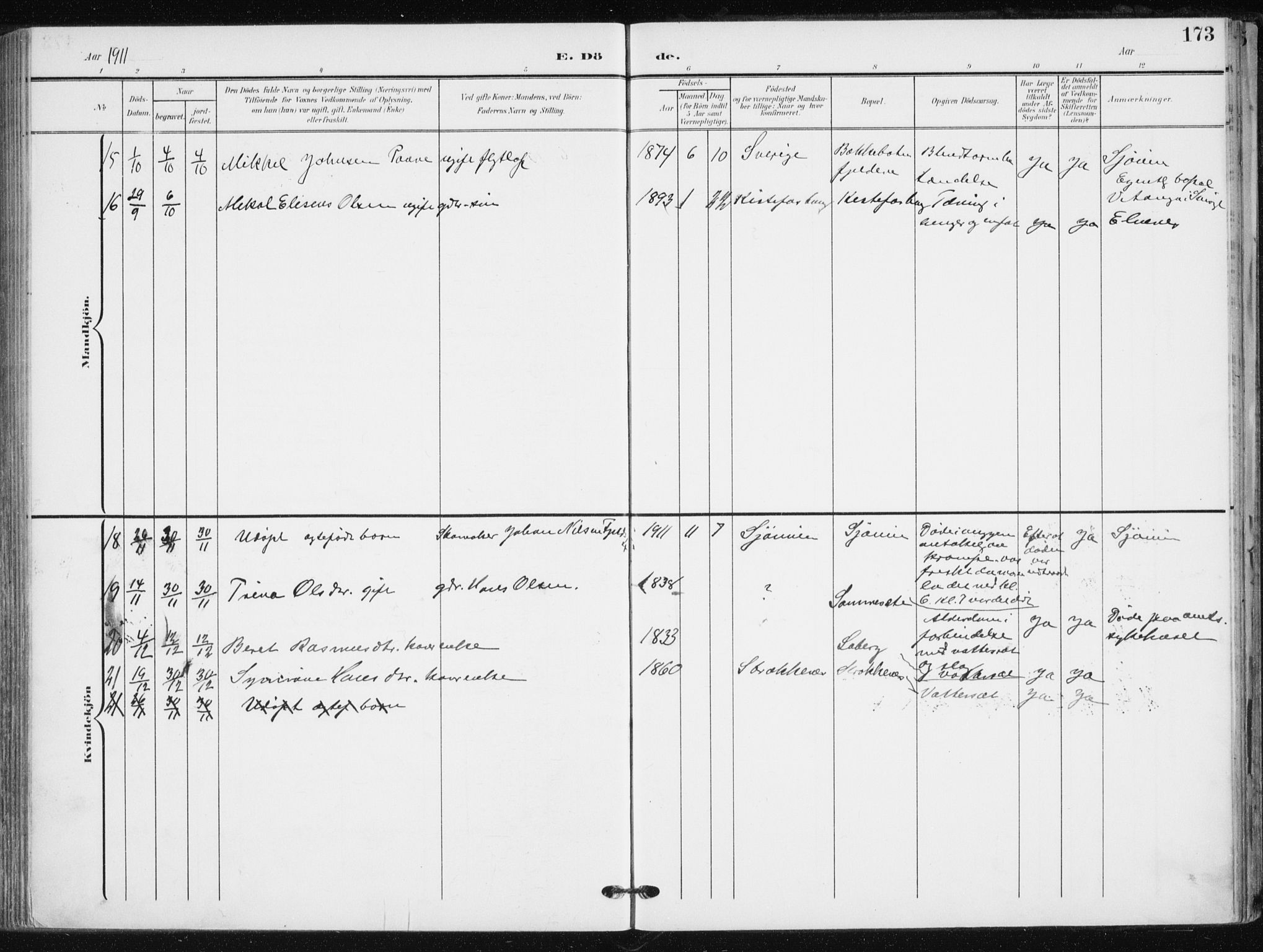 Salangen sokneprestembete, AV/SATØ-S-1324/H/Ha/L0002kirke: Parish register (official) no. 2, 1902-1911, p. 173