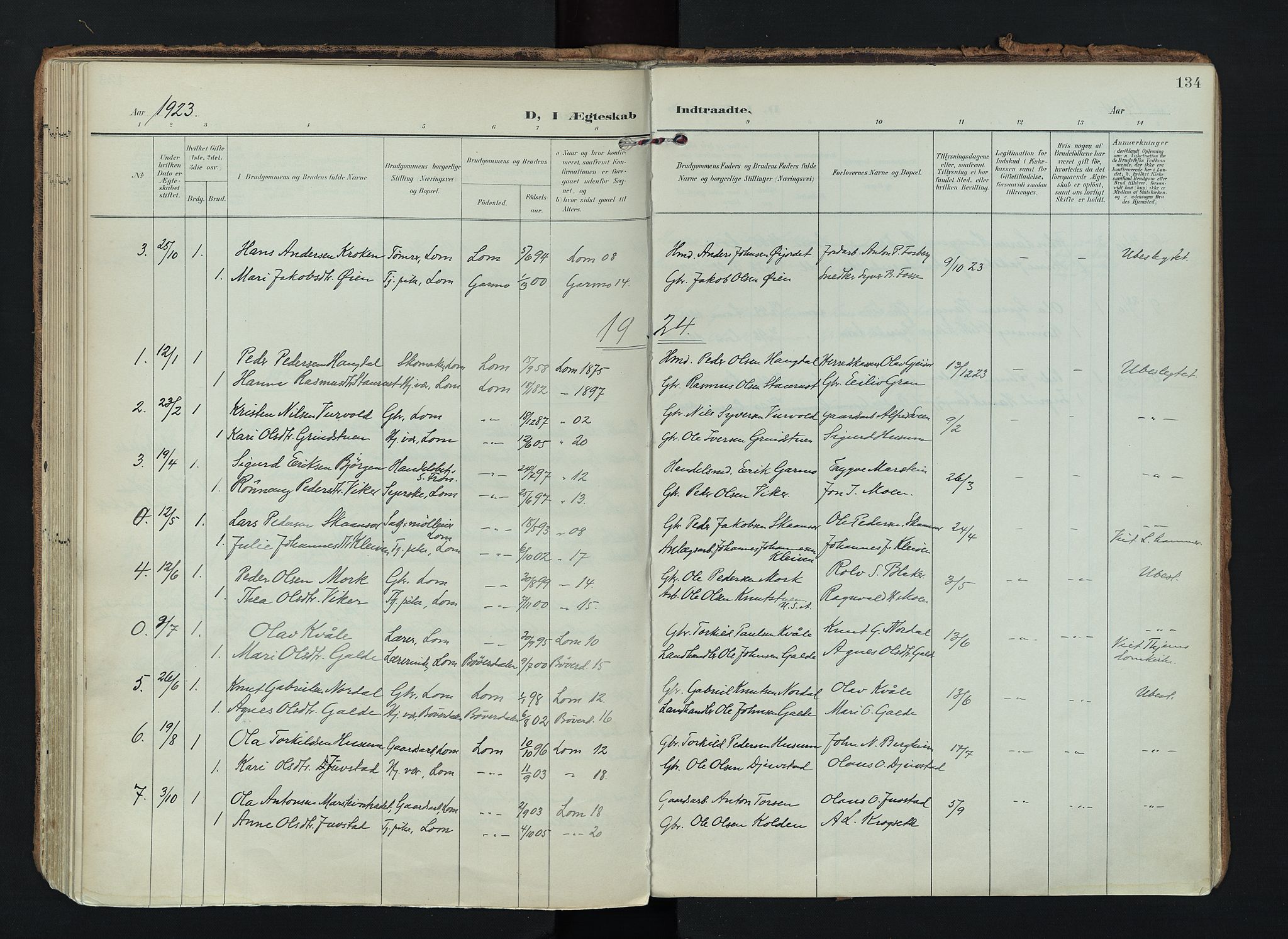 Lom prestekontor, SAH/PREST-070/K/L0010: Parish register (official) no. 10, 1899-1926, p. 134