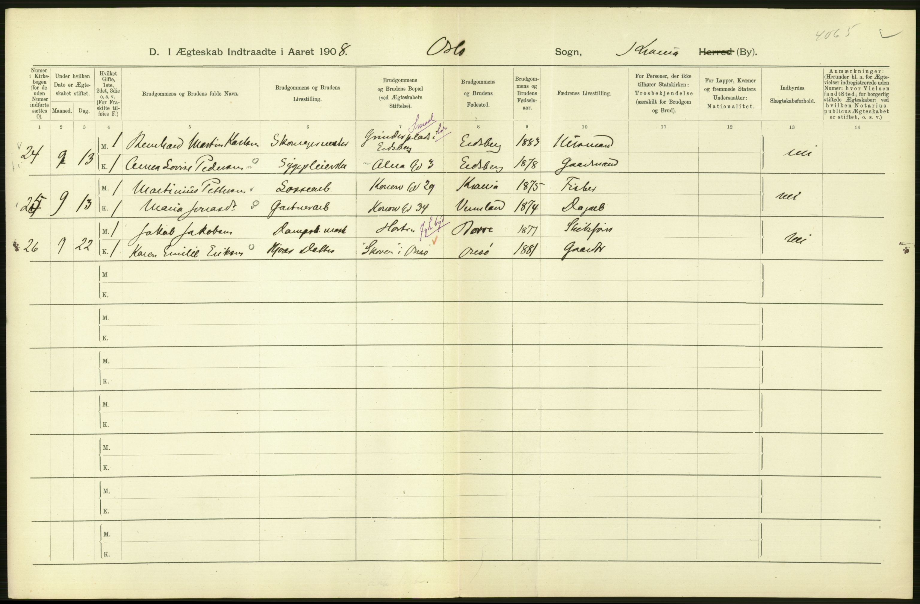 Statistisk sentralbyrå, Sosiodemografiske emner, Befolkning, AV/RA-S-2228/D/Df/Dfa/Dfaf/L0007: Kristiania: Gifte, 1908, p. 236