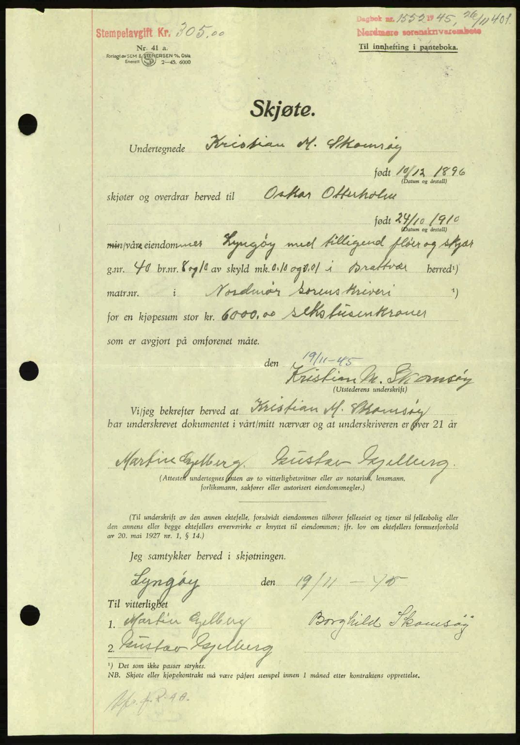 Nordmøre sorenskriveri, AV/SAT-A-4132/1/2/2Ca: Mortgage book no. A100a, 1945-1945, Diary no: : 1552/1945