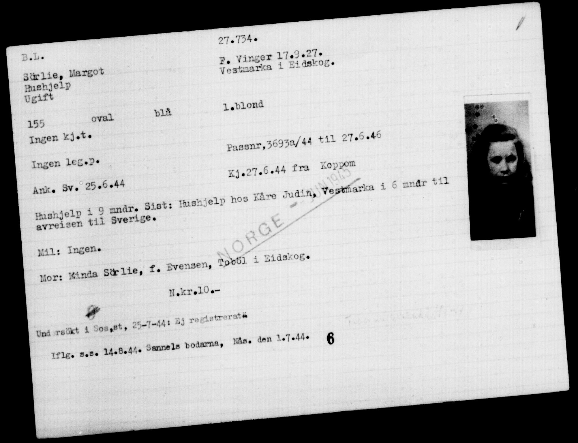 Utenriksstasjonene, Legasjonen i Stockholm, Flyktningkontoret, AV/RA-S-6753/V/Va/L0011: Kjesäterkartoteket, flyktninger med registreringsnr. 25300-28349, 1940-1945, p. 2587