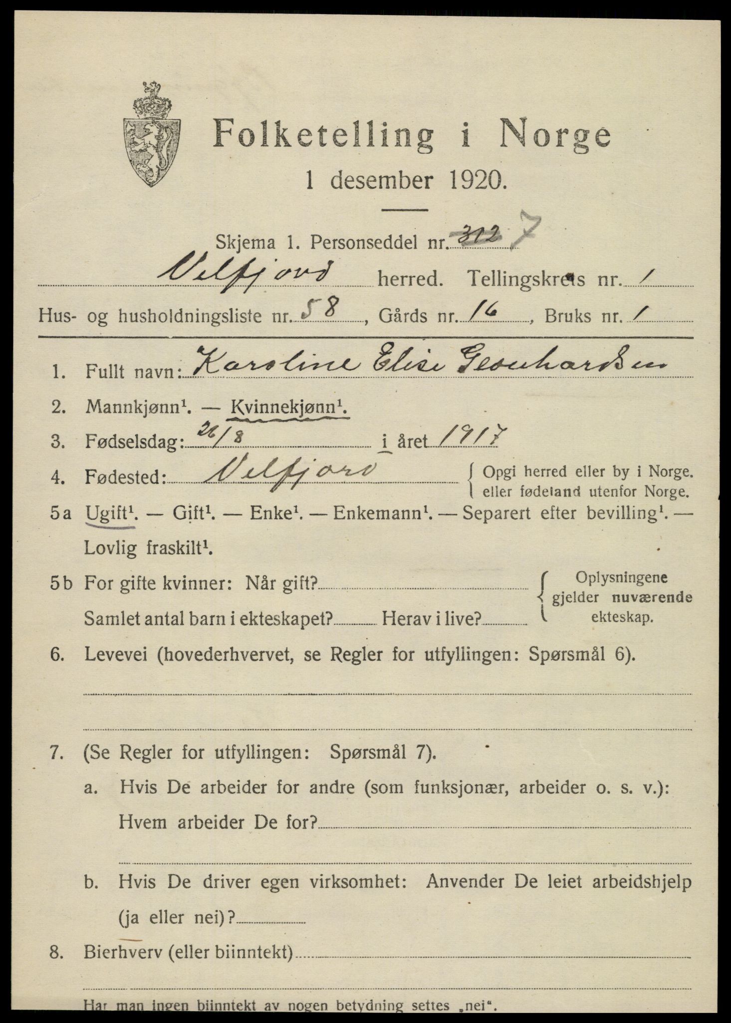 SAT, 1920 census for Velfjord, 1920, p. 1205