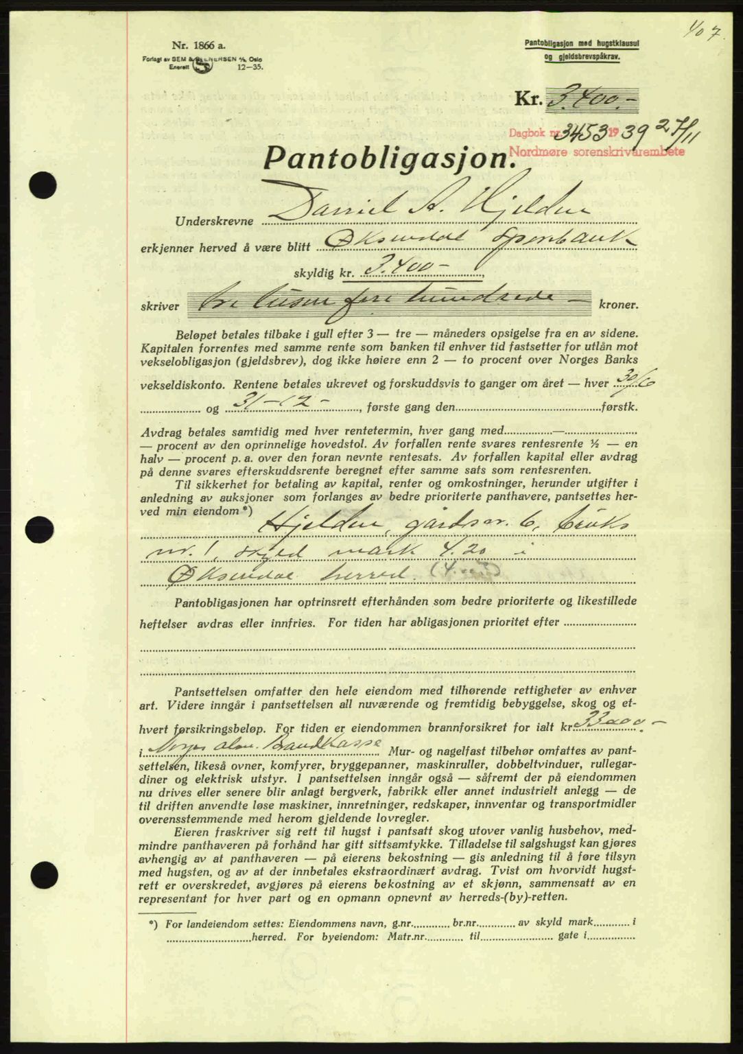 Nordmøre sorenskriveri, AV/SAT-A-4132/1/2/2Ca: Mortgage book no. B86, 1939-1940, Diary no: : 3453/1939