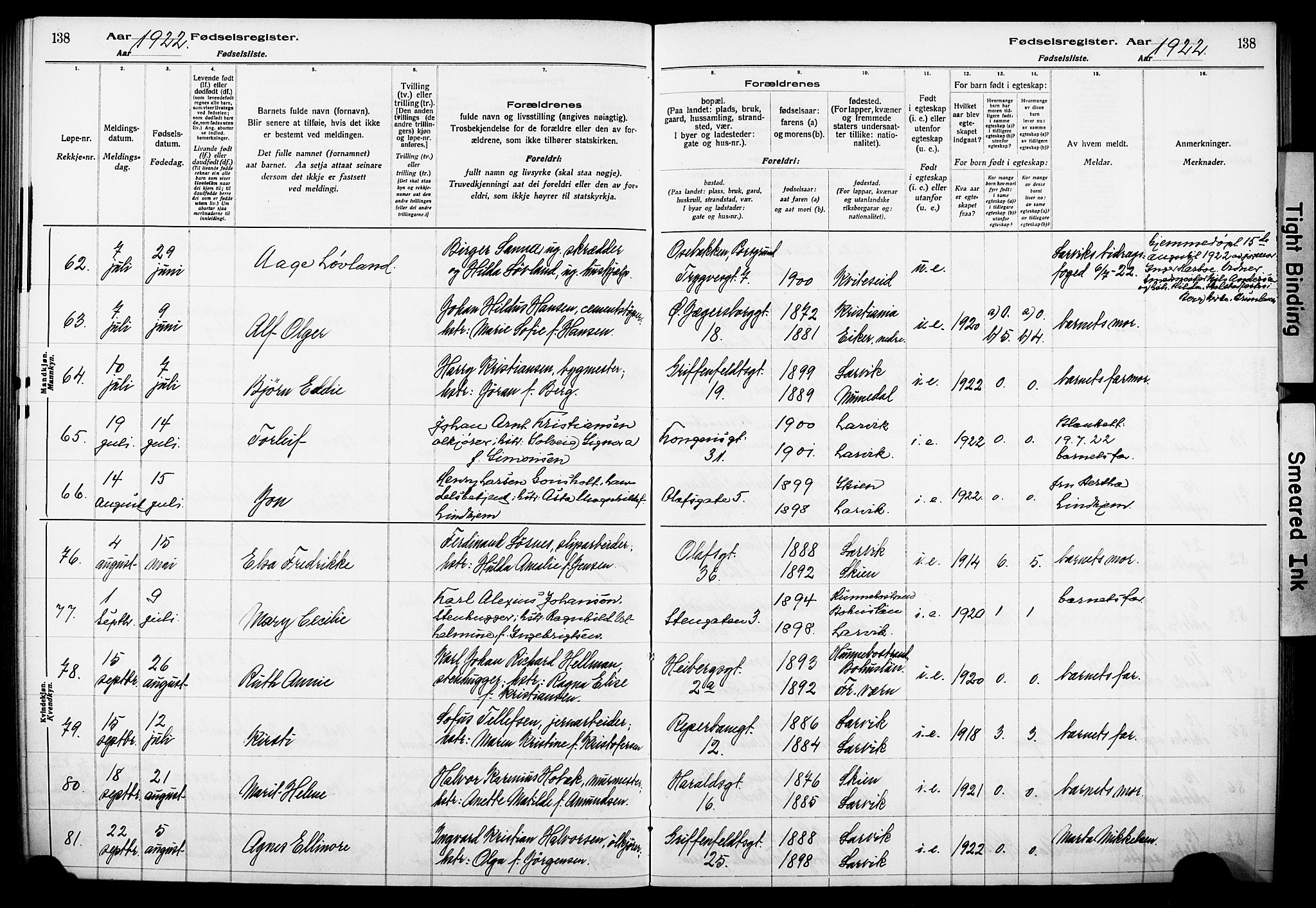 Larvik kirkebøker, AV/SAKO-A-352/J/Ja/L0001: Birth register no. I 1, 1916-1926, p. 138