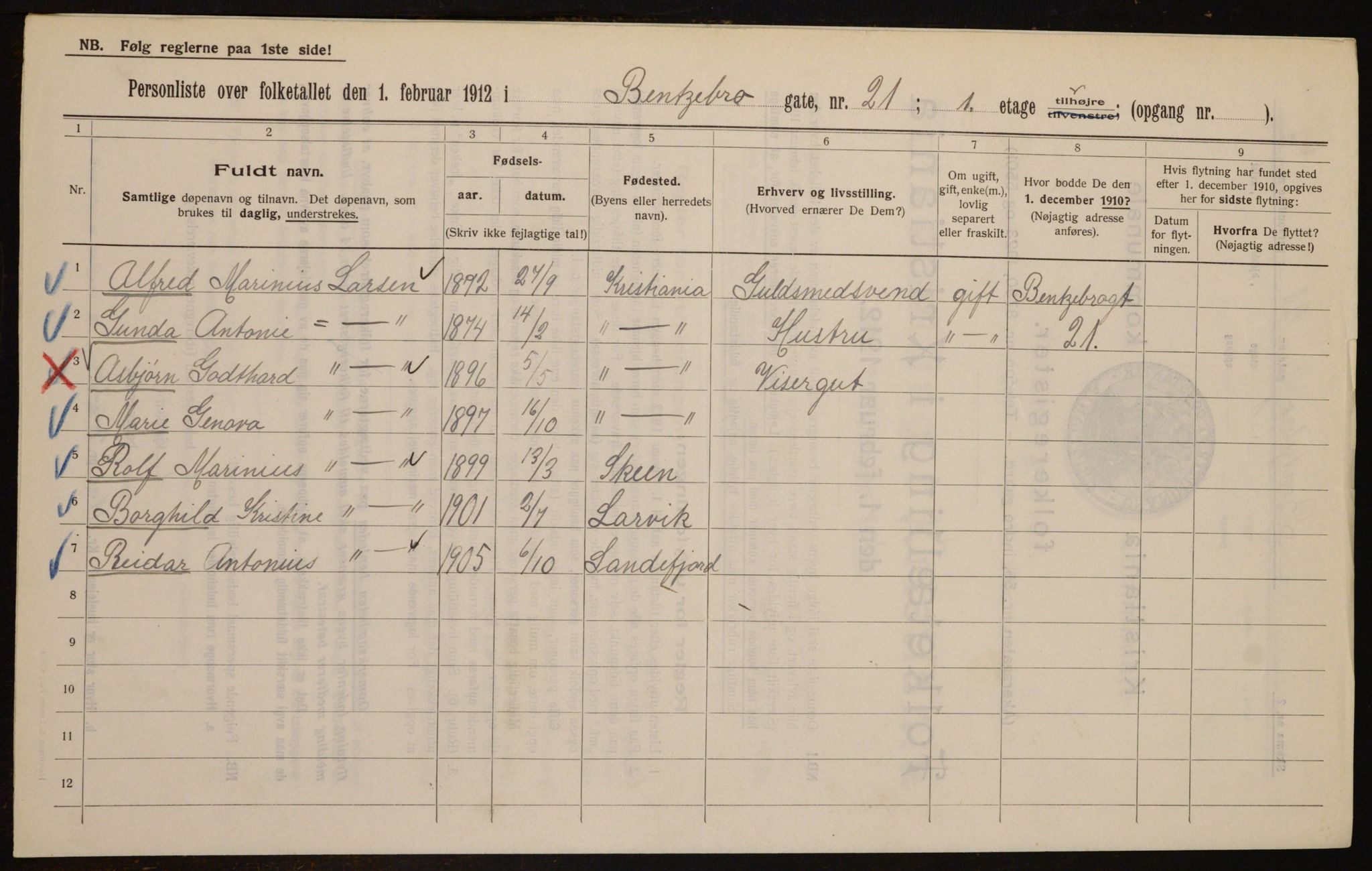 OBA, Municipal Census 1912 for Kristiania, 1912, p. 3484
