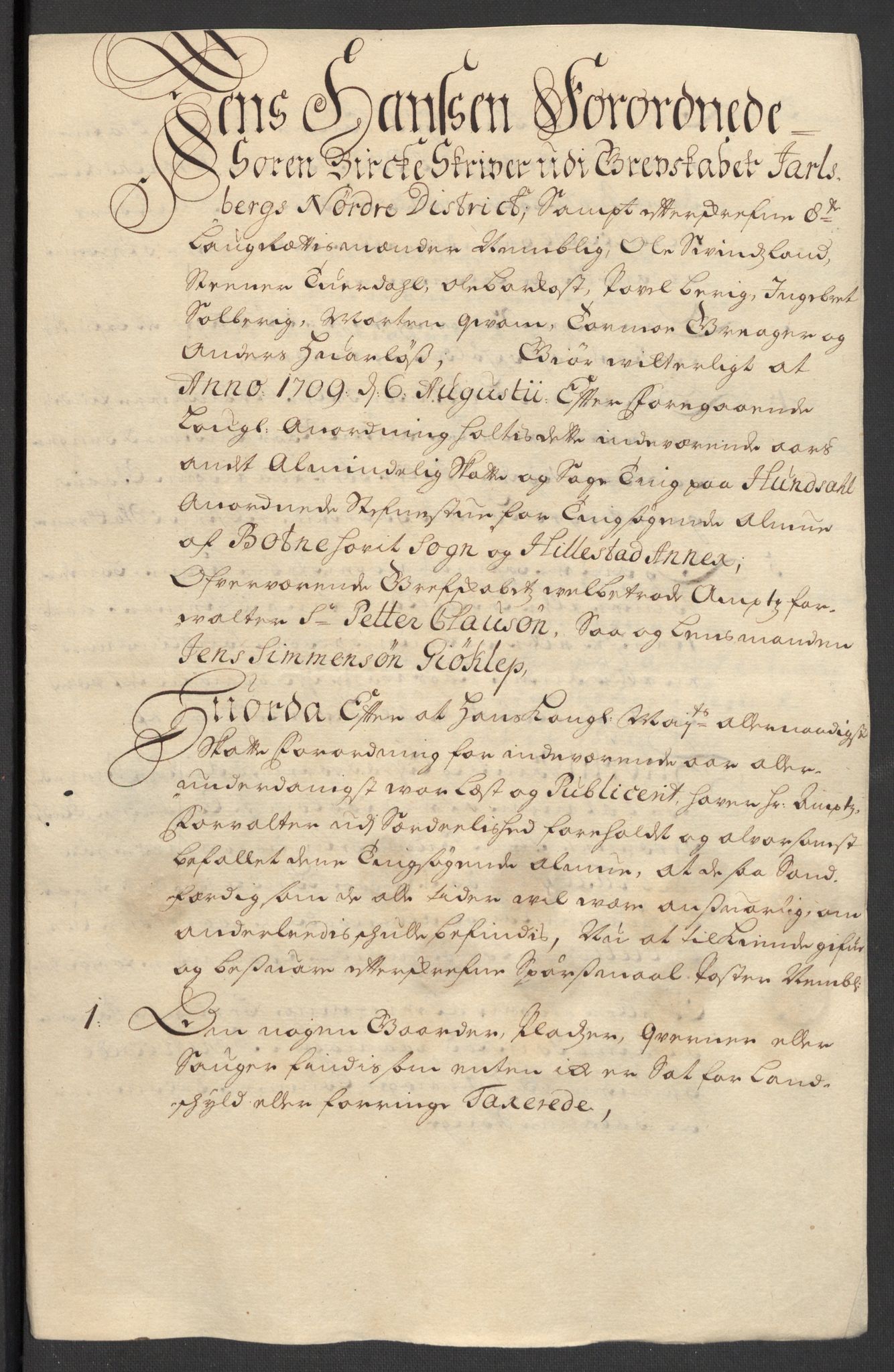 Rentekammeret inntil 1814, Reviderte regnskaper, Fogderegnskap, RA/EA-4092/R32/L1874: Fogderegnskap Jarlsberg grevskap, 1709, p. 134