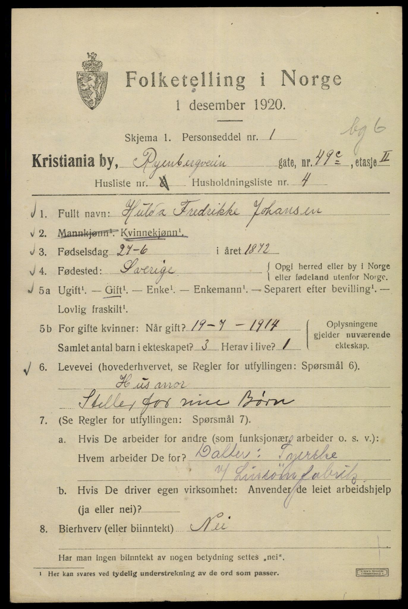 SAO, 1920 census for Kristiania, 1920, p. 476197