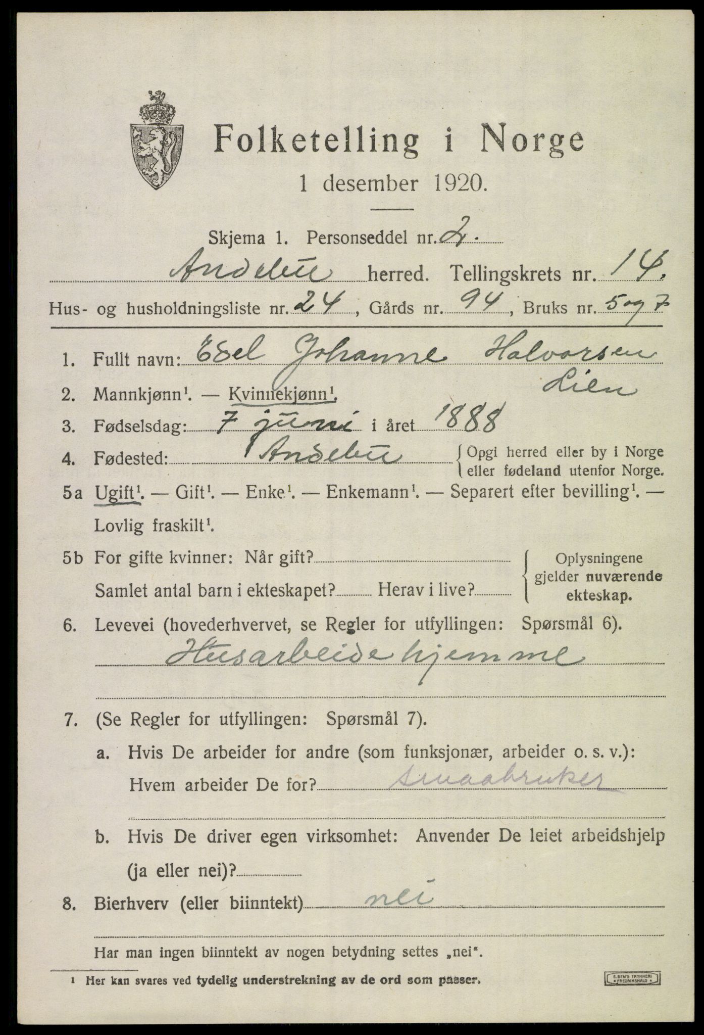 SAKO, 1920 census for Andebu, 1920, p. 5332