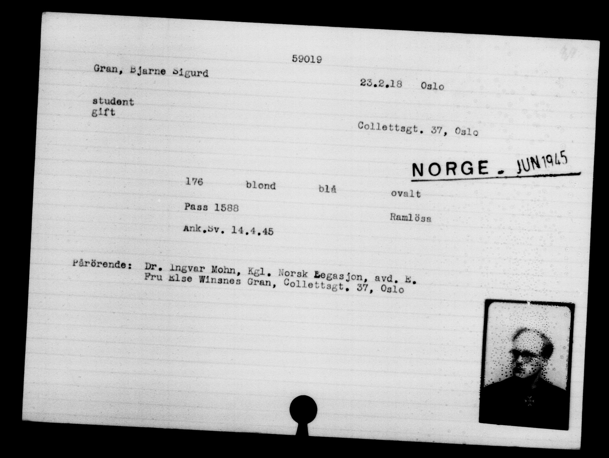 Utenriksstasjonene, Legasjonen i Stockholm, Flyktningkontoret, AV/RA-S-6753/V/Va/L0021: Kjesäterkartoteket, flyktninger med registreringsnr. 58200-61089, 1940-1945, p. 218