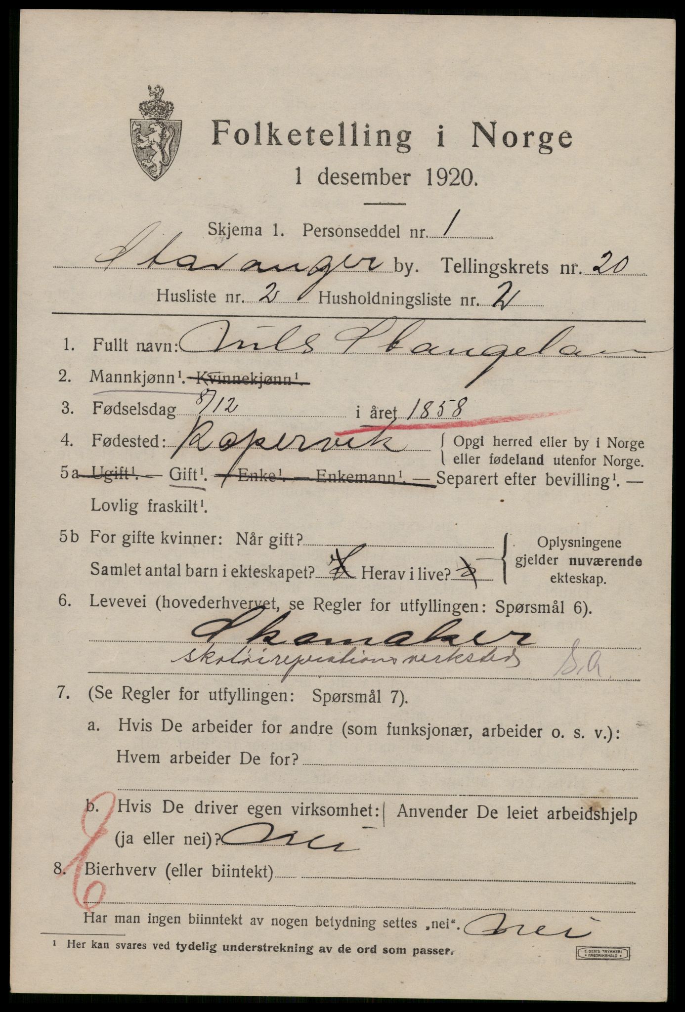 SAST, 1920 census for Stavanger, 1920, p. 69952