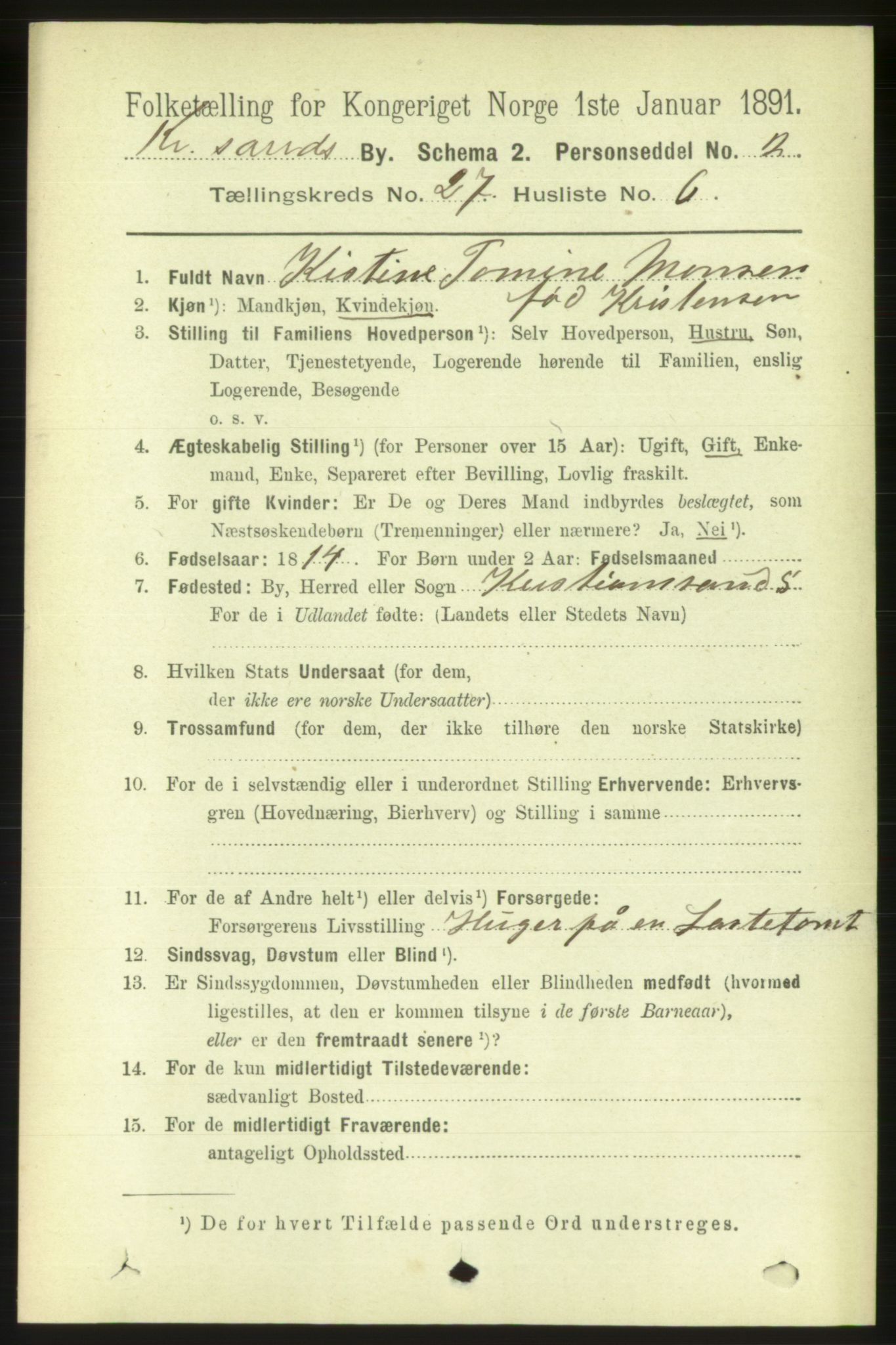 RA, 1891 census for 1001 Kristiansand, 1891, p. 9467