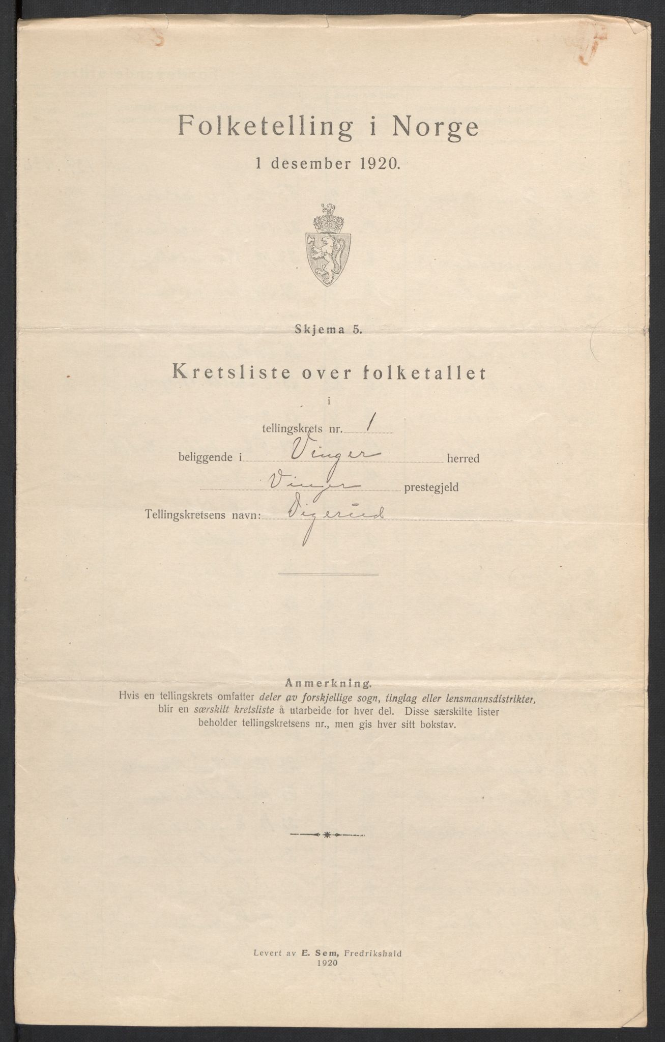 SAH, 1920 census for Vinger, 1920, p. 7