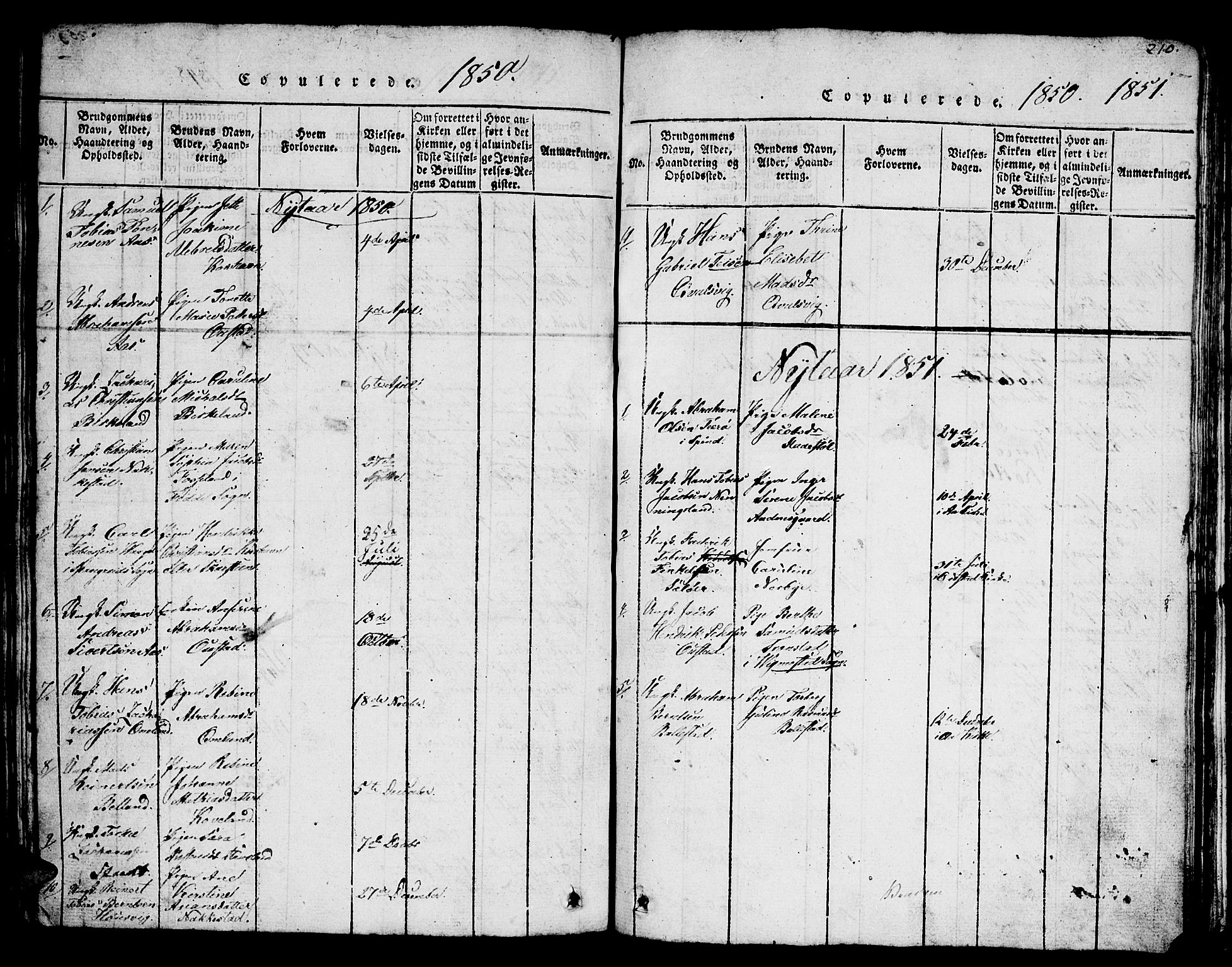 Lyngdal sokneprestkontor, SAK/1111-0029/F/Fb/Fba/L0001: Parish register (copy) no. B 1, 1816-1876, p. 210