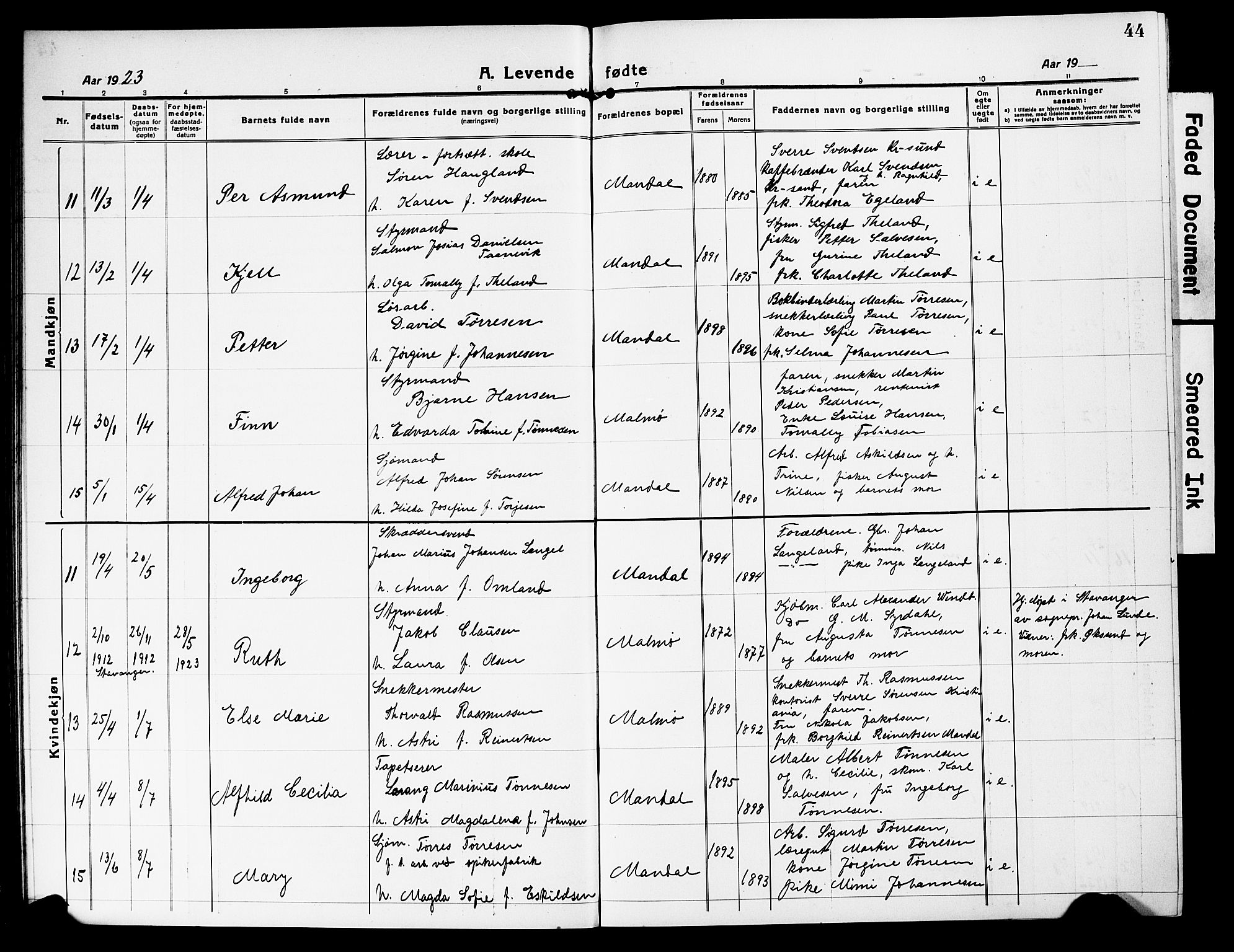 Mandal sokneprestkontor, AV/SAK-1111-0030/F/Fb/Fbc/L0001: Parish register (copy) no. B 1, 1918-1931, p. 44