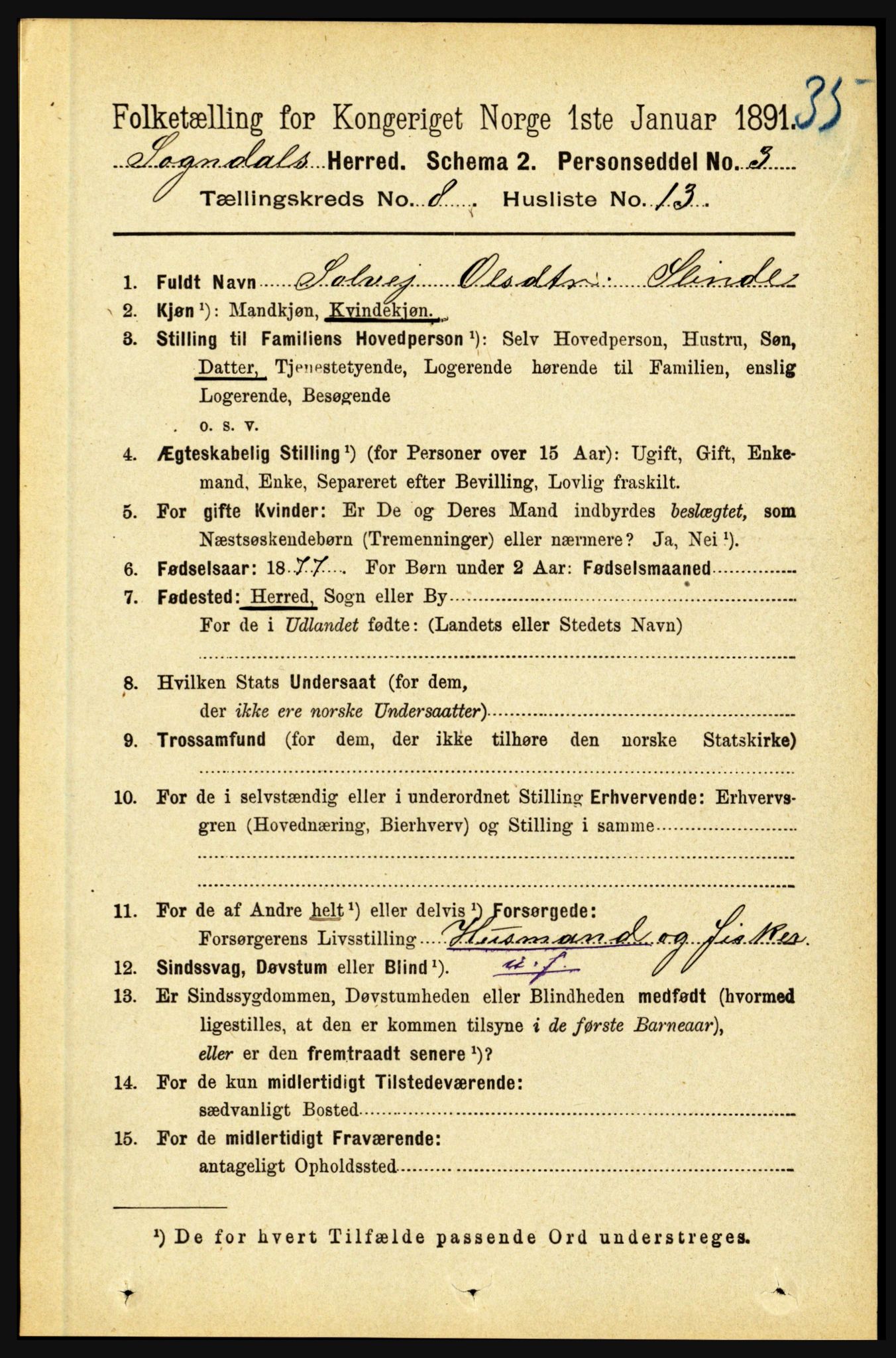 RA, 1891 census for 1420 Sogndal, 1891, p. 3352