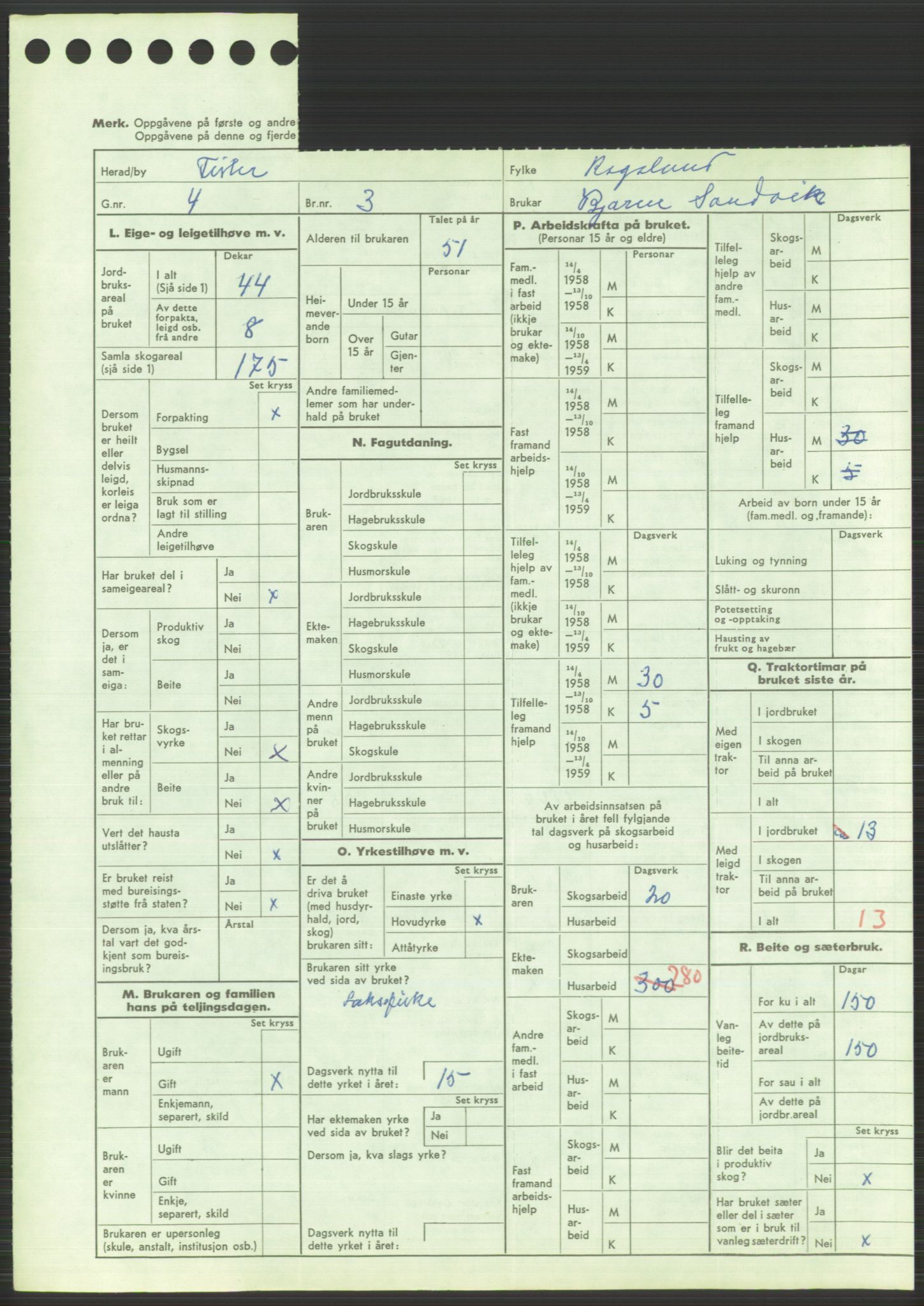 Statistisk sentralbyrå, Næringsøkonomiske emner, Jordbruk, skogbruk, jakt, fiske og fangst, AV/RA-S-2234/G/Gd/L0373: Rogaland: 1130 Strand (kl. 1-2), 1131 Årdal og 1132 Fister, 1959, p. 1877