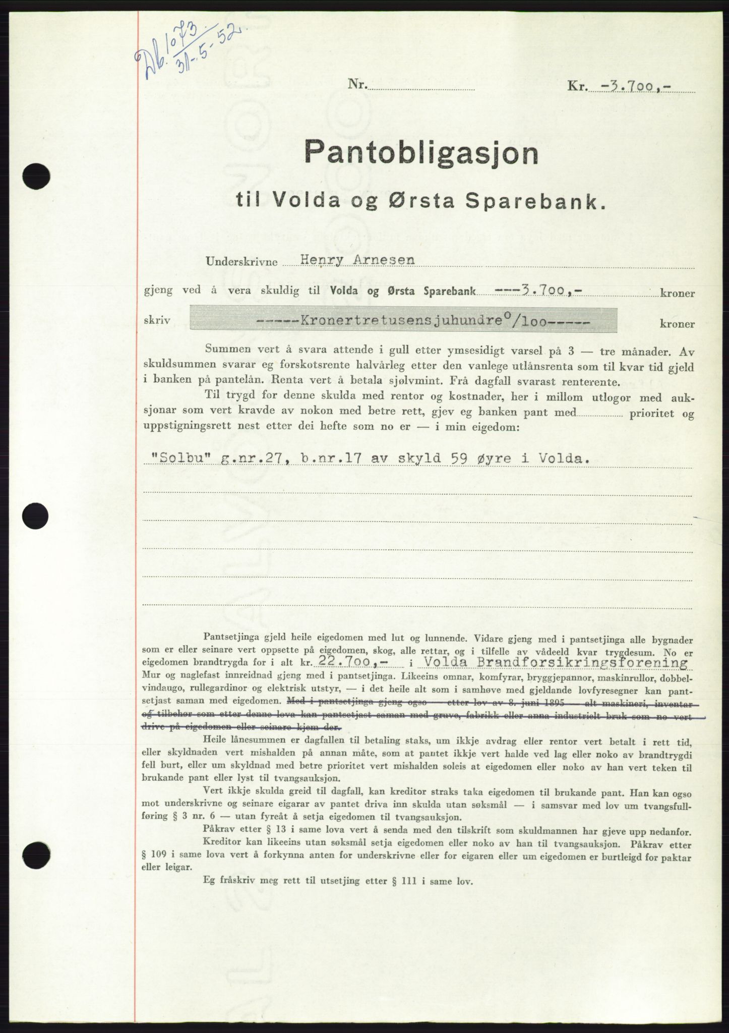 Søre Sunnmøre sorenskriveri, AV/SAT-A-4122/1/2/2C/L0121: Mortgage book no. 9B, 1951-1952, Diary no: : 1073/1952